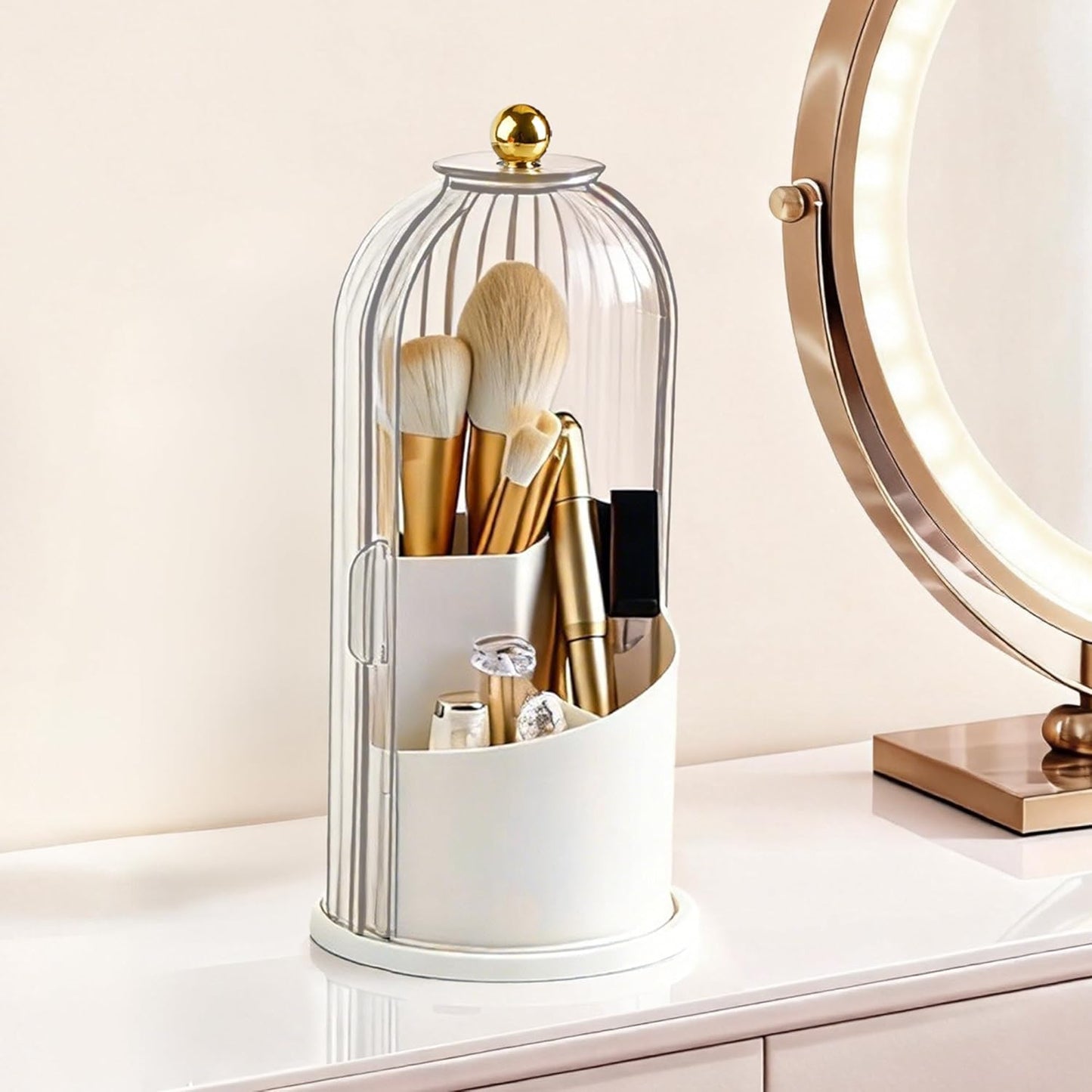 360° Rotating Makeup Brush Holder - Waterproof Three-Compartment Organizer | Dustproof Vanity Storage (Transparent)