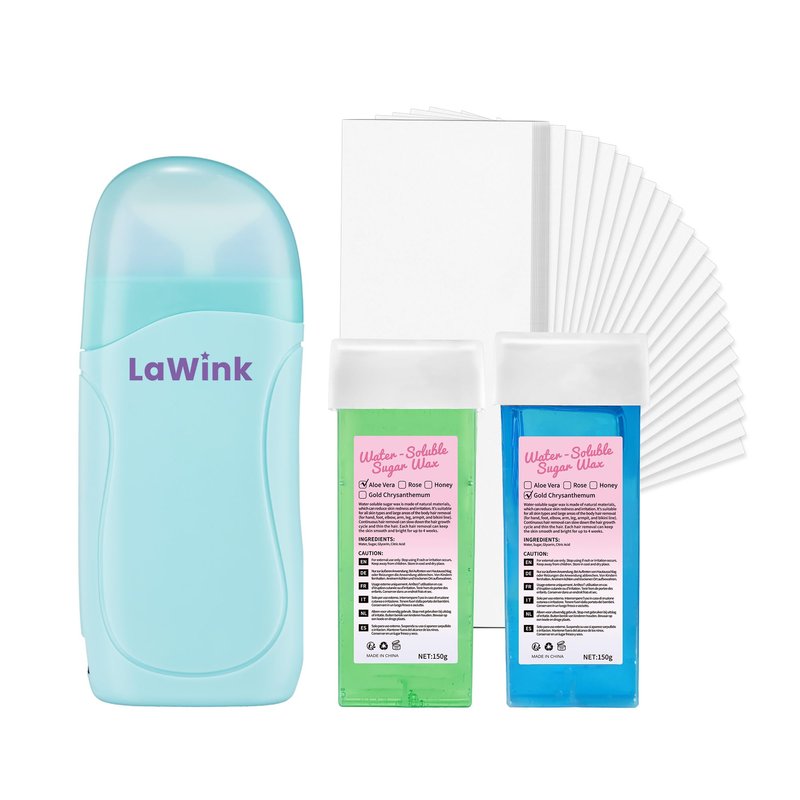LaWink Roll On Wax kit,Waxing Kit for Sensitive Skin,Wax Roller Kit for Hair Removal with 2 Soft Wax Cartridge& 100 Pcs Wax Strips for Larger Areas of the Body Hair Removal at Home washable
