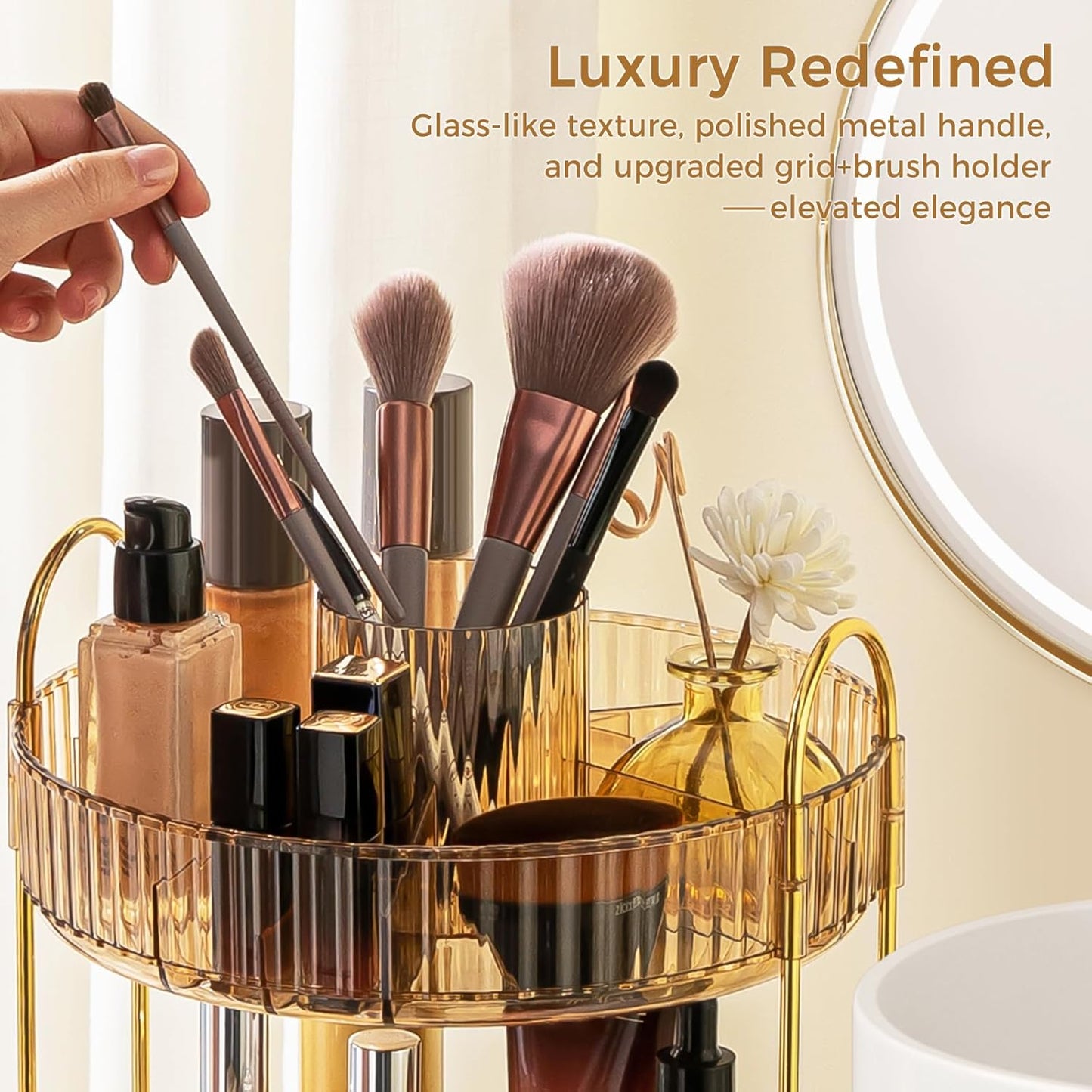360° Rotating Makeup Organizer - Upgraded 3-Tier Skincare & Perfume Storage | Clear Dresser Organizer with Brush Holder (Amber)