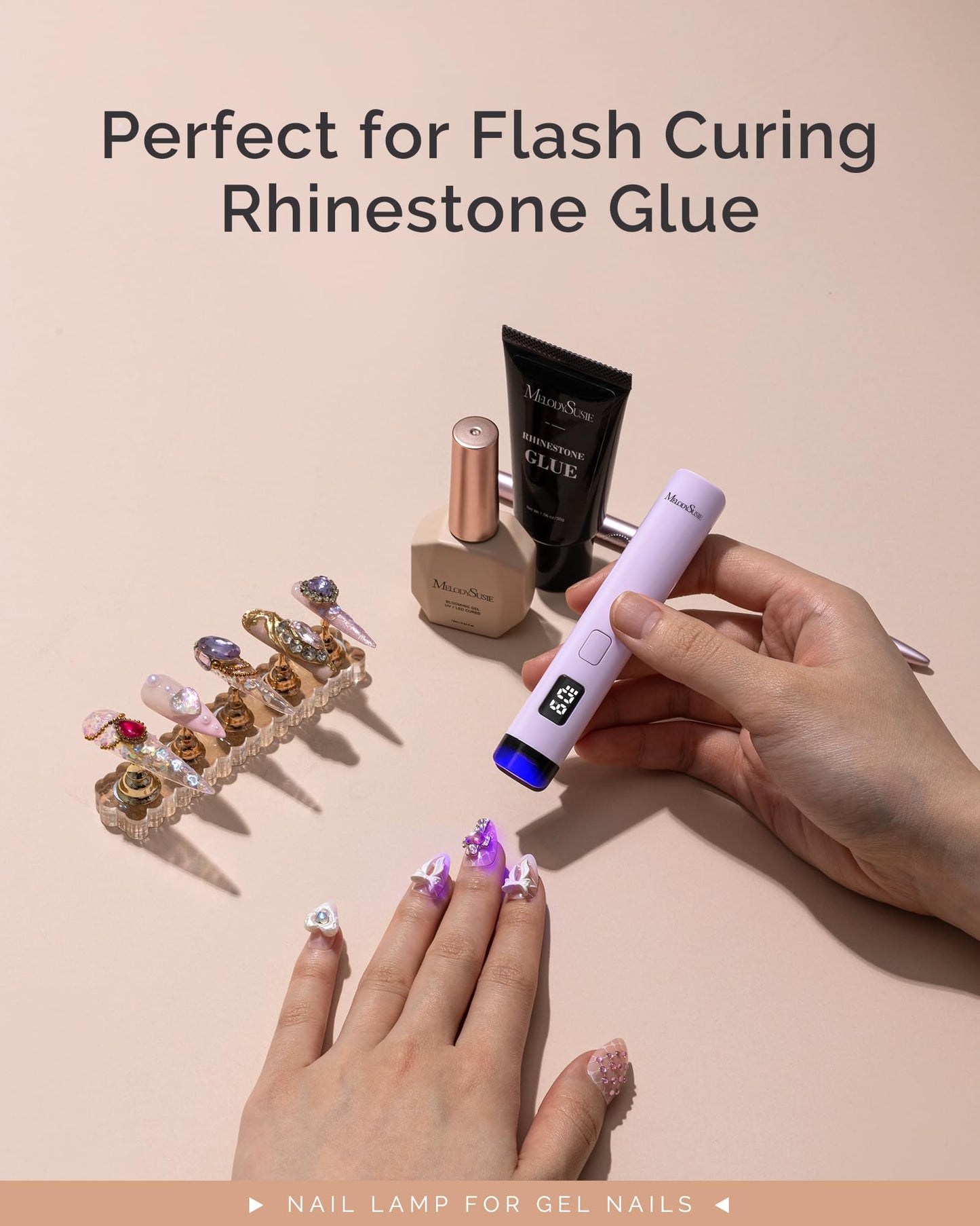 MelodySusie Handheld Cordless UV Nail Lamp with LCD Display & Eye-Protection Cover, P-Art01R Rechargeable Mini UV LED Light Flash Cures All Soft Gels, Especially Rhinestone Glue & Liner Gel Purple