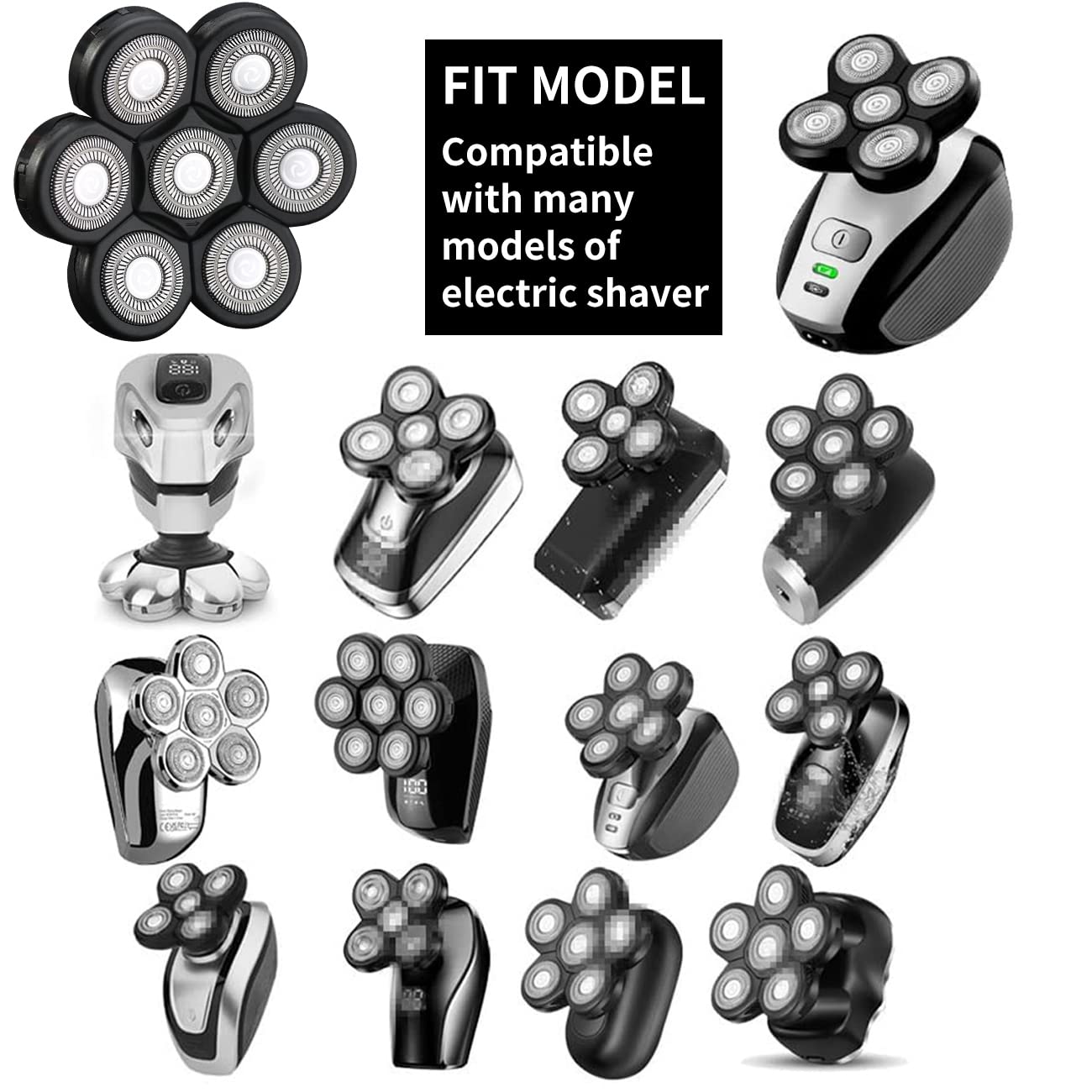 7D Black Electric Razor Replacement Blades - Universal 7 Blade Head Shaver for Men