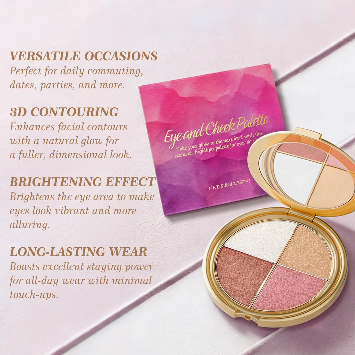 4-in-1 Makeup Palette for Eyes and Face, Blendable Matte & Shimmer Shades with Blush, Highlighter and Soft Contour, Natural Glow Finish, Compact Travel Beauty Kit for Everyday Makeup