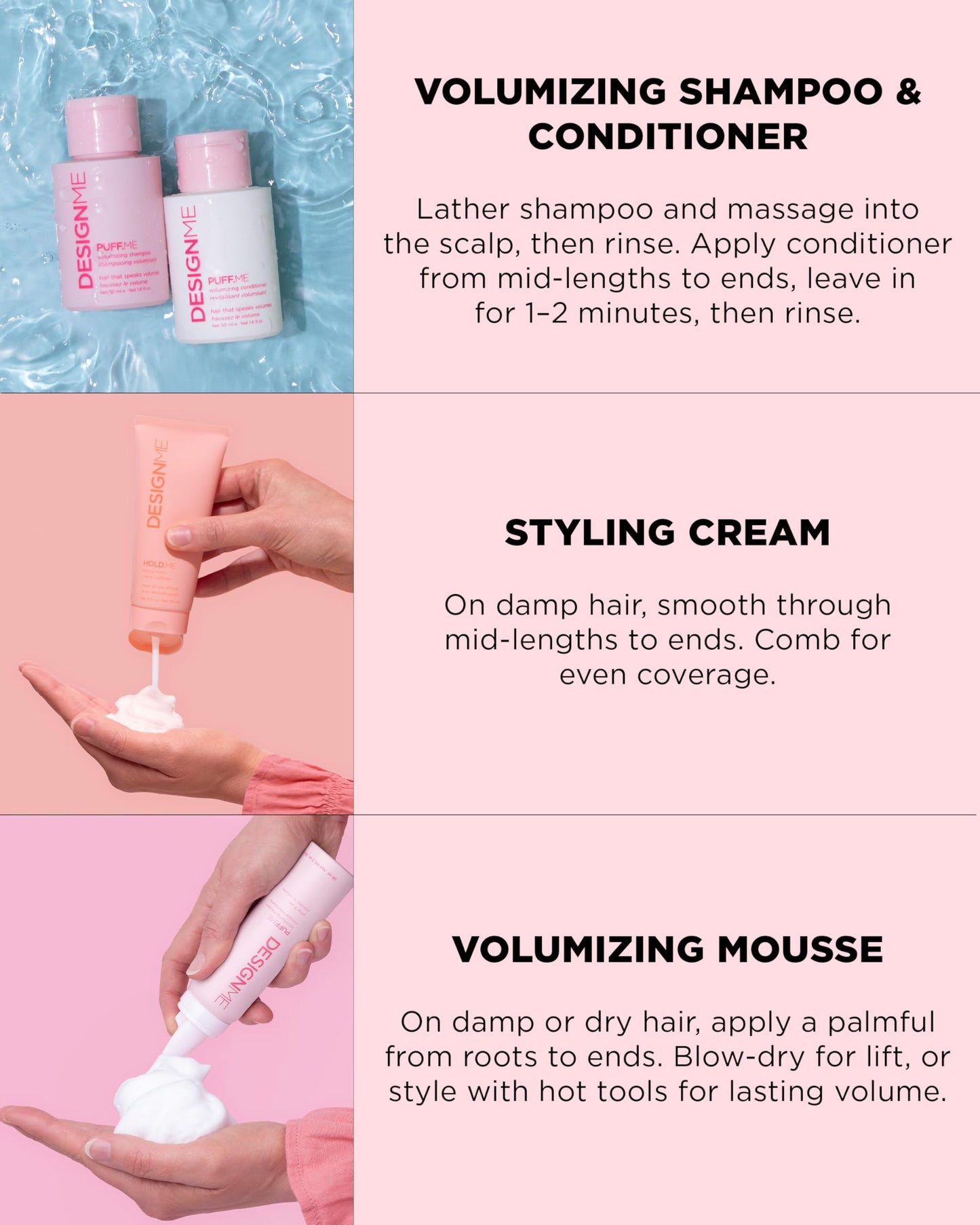 DESIGNME Dream Mane Volume Kit | Holiday Gift| Volumizing Shampoo & Conditioner, Hair Mousse & Styling Cream | Boosts Volume, Body & Fullness, Smooths Frizz & Heat Protection | Color Safe