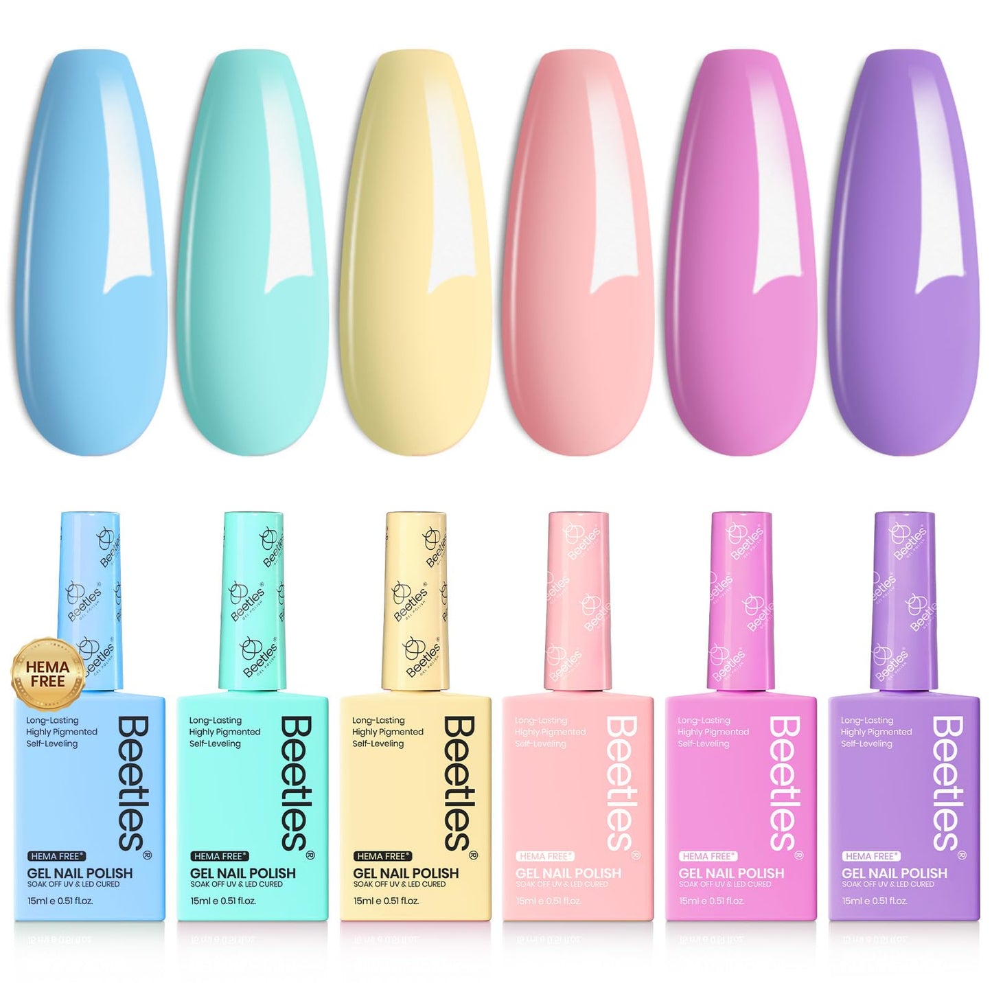 Beetles Pastel Gel Polish - Fairy Tale Dream 6 Colors Hema-Free Gel Polish Set, 15ML Pastel Yellow Pink Blue Purple Nail Colors, with Colorful Bottle Soak off Uv Led Lamp Nails