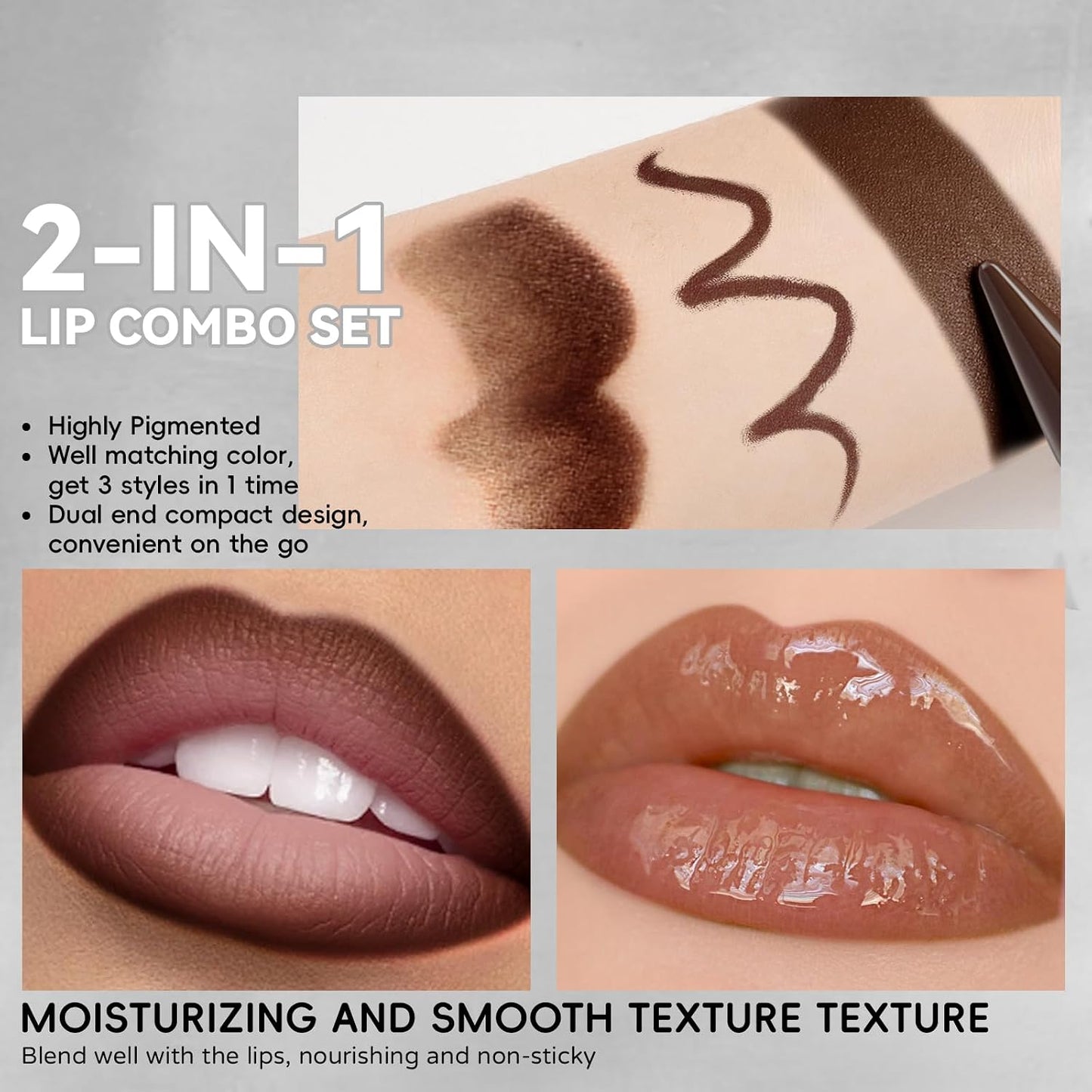 2 in 1 Lip Combo Set - Dark Brown Lip Liner & Moisturizing Liquid Lipstick | Plumping Glossy Finish