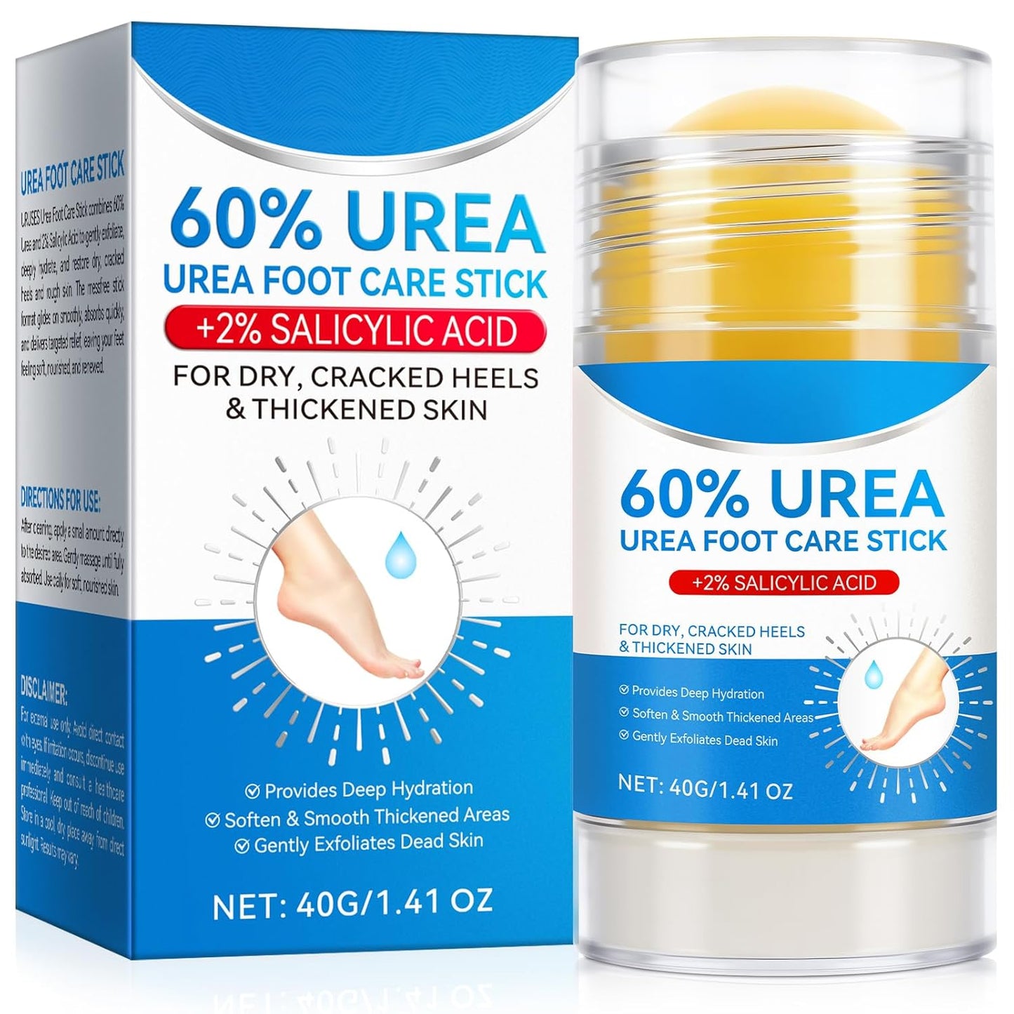 Urea Foot Cream Stick - 60% Urea & 2% Salicylic Acid | Moisturizing Foot Care for Dry Cracked Skin, 1.41 oz
