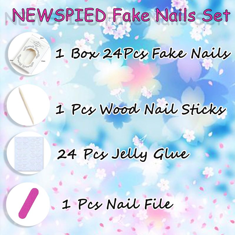 Floral Press-On Nails - 24 Pcs Short Almond French Tip | 3D Flower Designs, Nude Pink, Reusable Acrylic