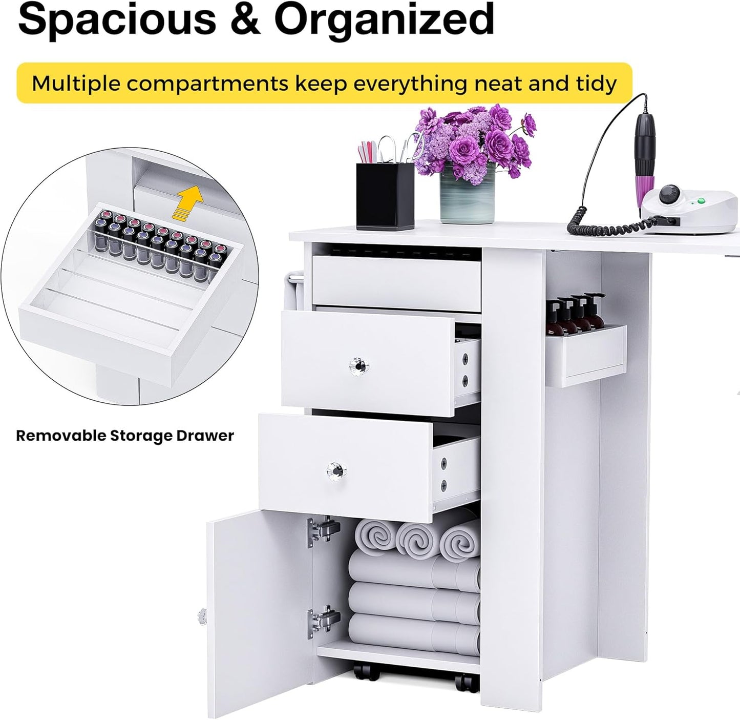 Foldable Nail Table - Manicure Desk with Dust Collector & LED Lamp | Compact Salon Workstation (White)