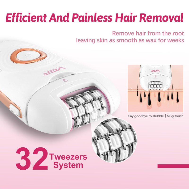 VGR 739 Epilator for Women 3 in 1 Cordless Hair Removal Device USB Rechargeable Electric Epilator with LED Light 2 Speeds Waterproof Shaver and Epilator for Legs Arms Underarms Bikini