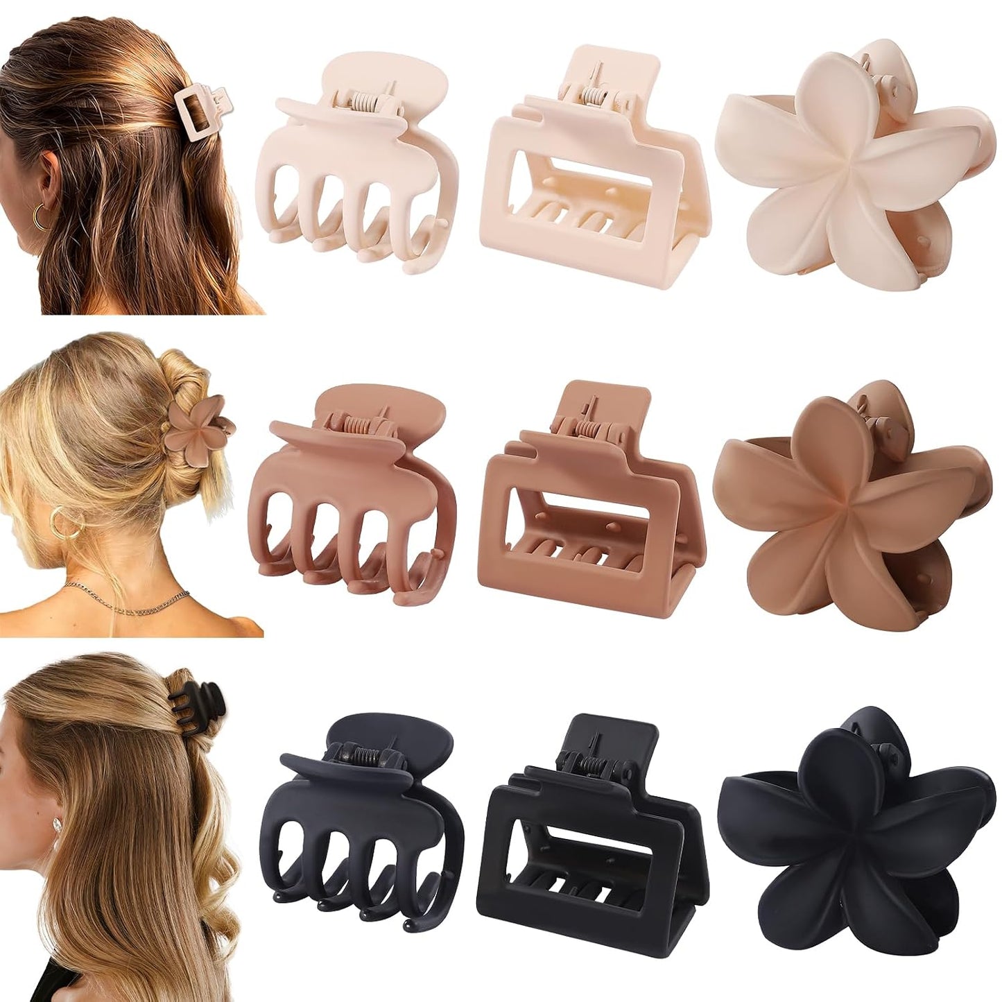 Medium Hair Clips for Women - 9 Pcs Small Claw Clips | Flower & Square Designs for Thin & Thick Hair