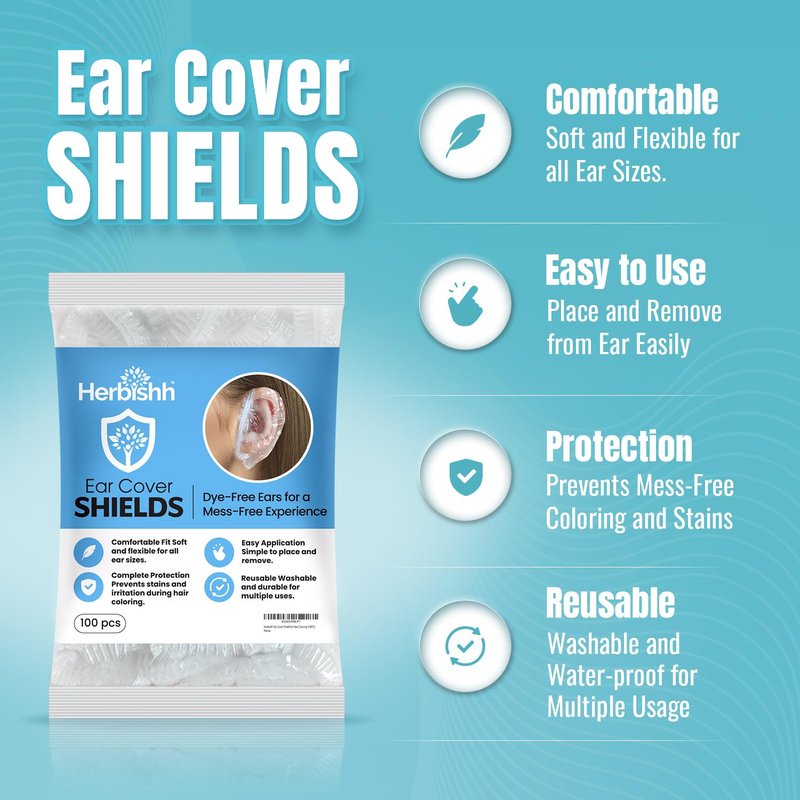 Herbishh Hair Color Ear Shield Covers, Reusable Hair Dye Stain Protection, Disposable & Waterproof Plastic Ear Shower Caps for Men & Women, Ideal for Salon & At-Home Use, 100 Pieces