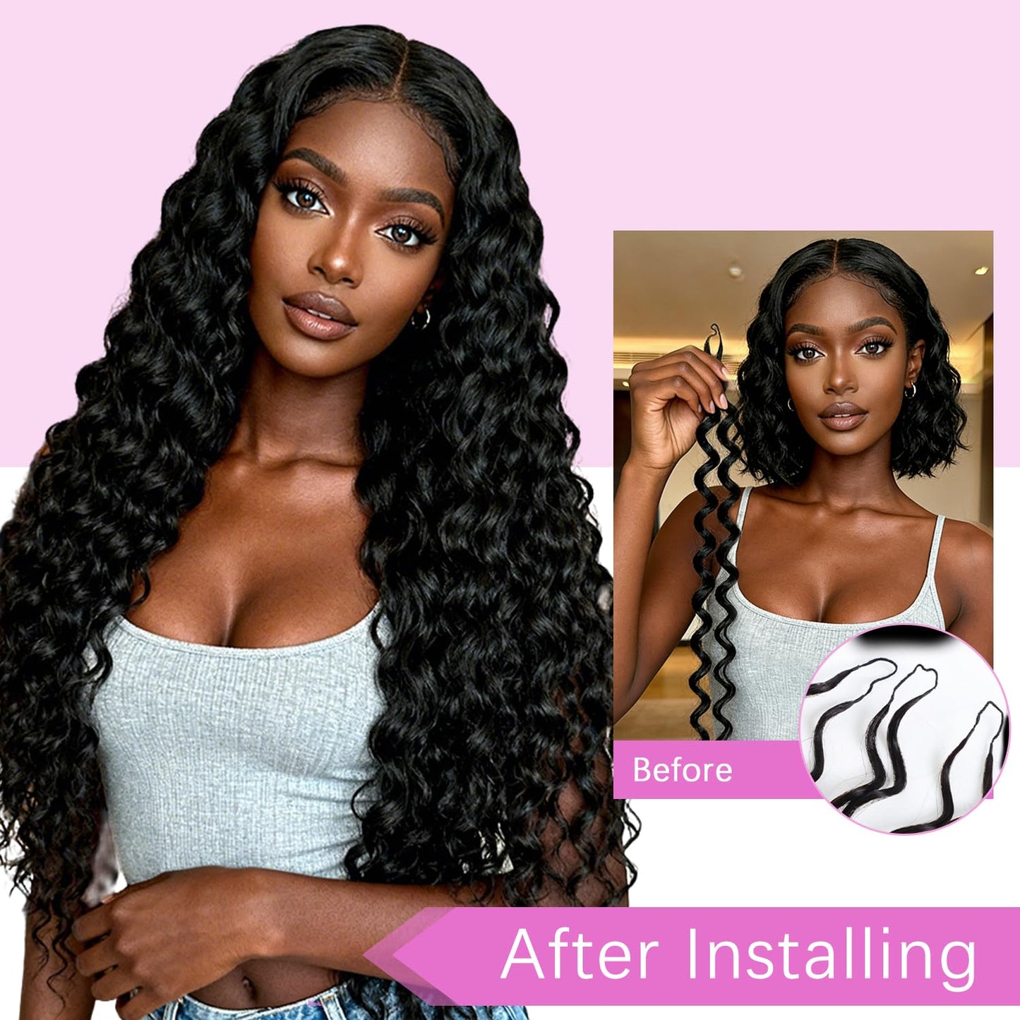 URFIRST Human Crochet Hair for Black Women 16 Inch 120g Deep Wave Feather Human Hair Crochet Extensions Miracle Knots Hair Curly Bundles Soft Lightweight Natural Black 100 Strands