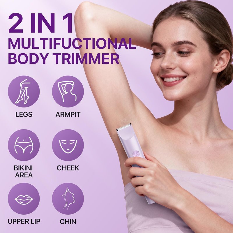 Bikini Trimmer for Women, Painless Electric Razor Remover for Leg, Body, Armpit & Facial Hair, Rechargeable Cordless IPX7 Waterproof Shaver with Ceramic Blade, Easy Cleaning, USB Charging, Purple