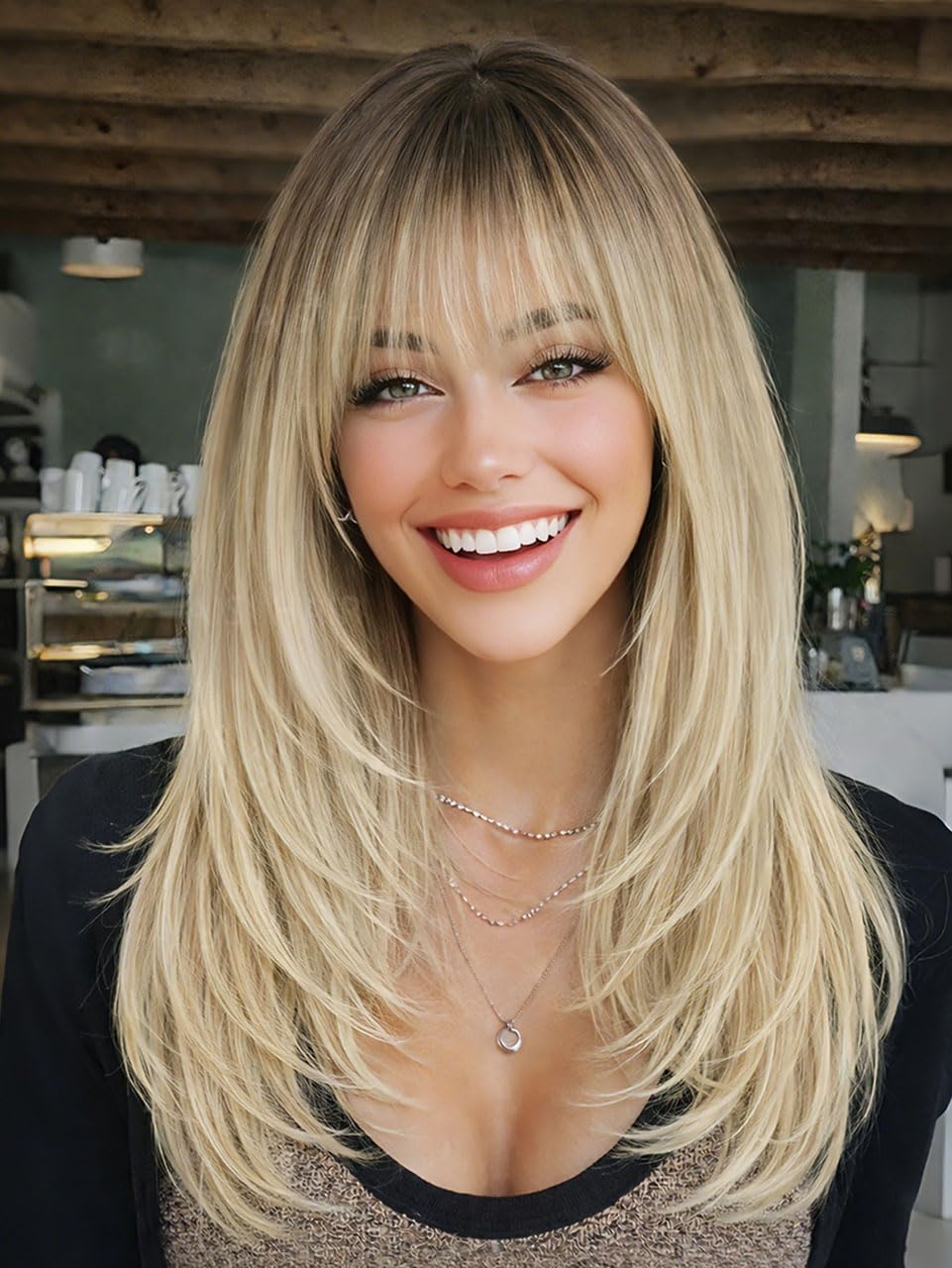 Ash Beige Blonde Wig with Highlights - Beginner Friendly Middle Length Straight Wig for Women | Natural Layered Bangs