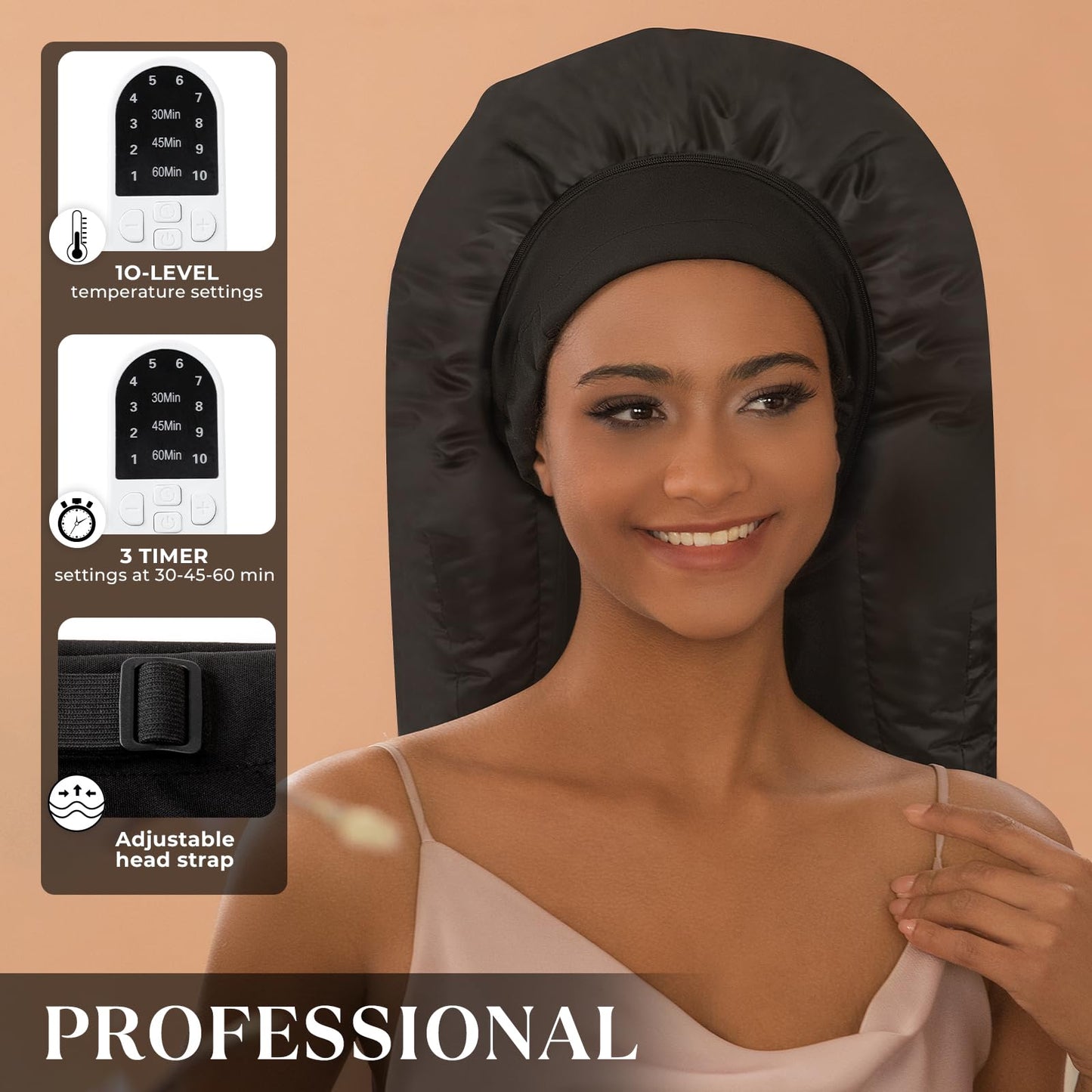 Amzpic Thermal Hair Steamer Cap for Deep Conditioning | 10-Level Fast Heating 3 Timer Settings Portable Electric Heat Cap for Natural Black Hair Home Hair Spa Treatment, Solid Black