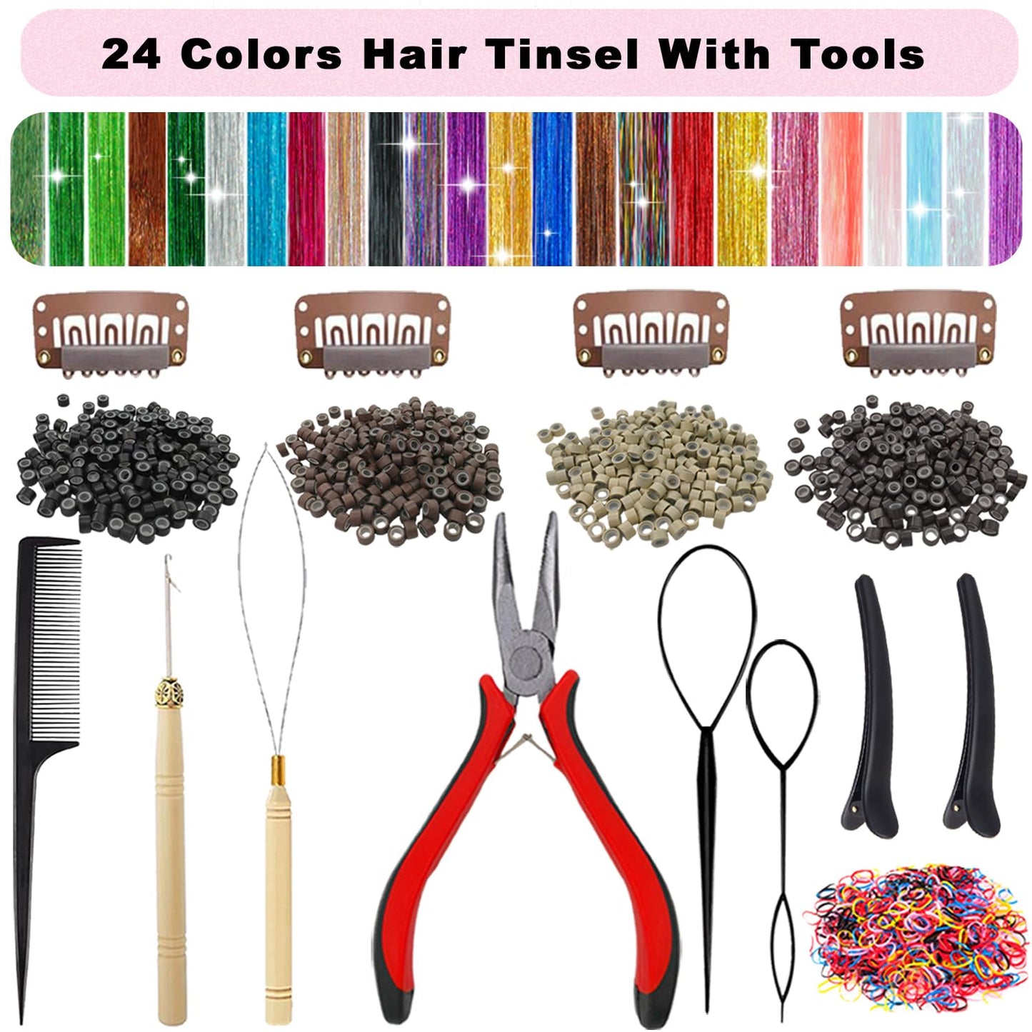 Hair Tinsel Kit - 24 Vibrant Colors, 9800 Strands, 48 Inch Glitter Hair Extensions | Festive Party Accessories for Women & Girls