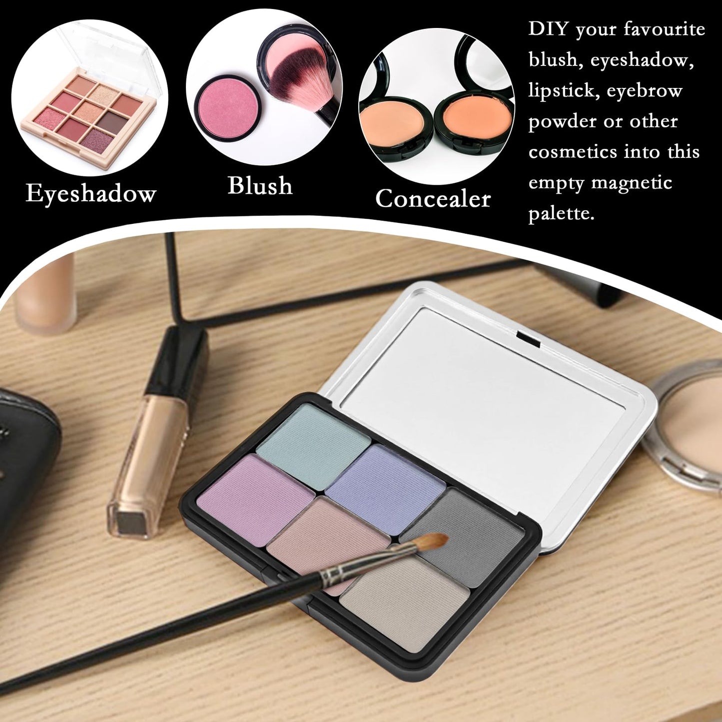 LCJAOF 2 Pack Empty Magnetic Makeup Palette with Mirror, Refillable 6 Pan Eyeshadow Palette for Blush Lipstick Concealer - Travel Friendly
