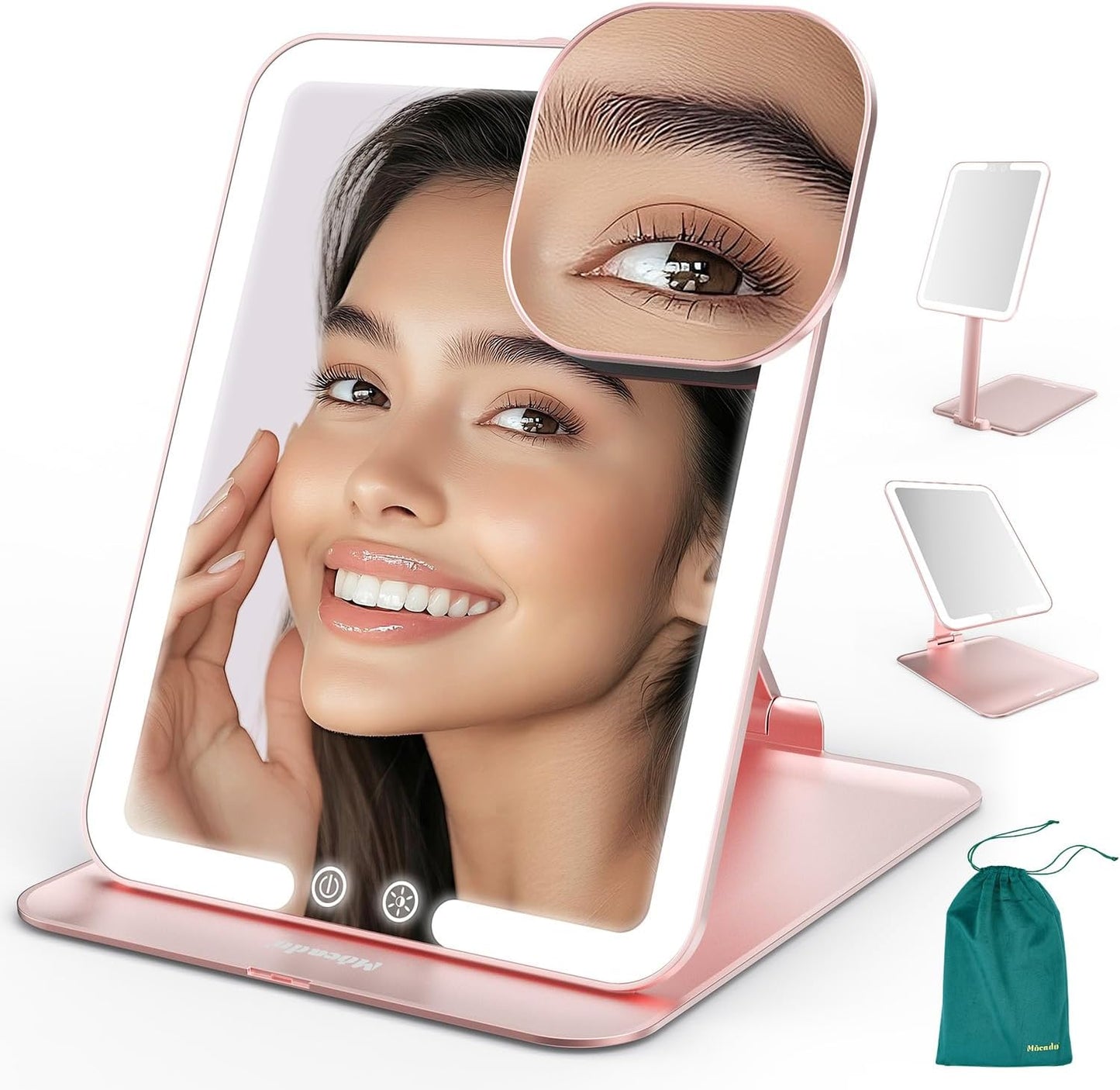 Mocado Travel Makeup Mirror - Lighted Triple Folding Vanity Mirror with 3 Color Settings | Rechargeable 1500mAh Battery, Adjustable Height & Angle (Black)