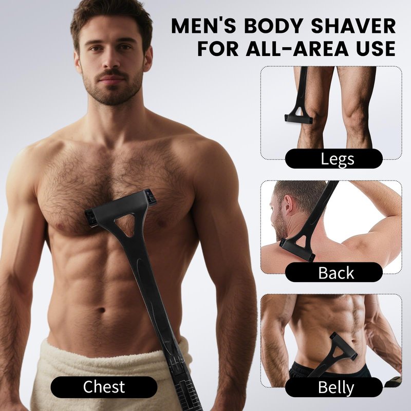 Back Shaver for Men with 8 Replacement Blades, Foldable Long Handle Body Hair Remover, Manual Back Razor Groomer for Men, Wet or Dry Shaving Body Trimmer for Smooth Hair Removal (Black)