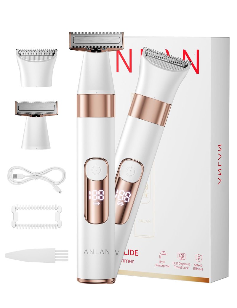 ANLAN Bikini Trimmer for Women, 2-in-1 Electric Shaver with Quiet Motor & 90min Rechargeable Battery, Waterproof IPX6 Razor, Painless Hair Removal for Sensitive Skin, Face & Body