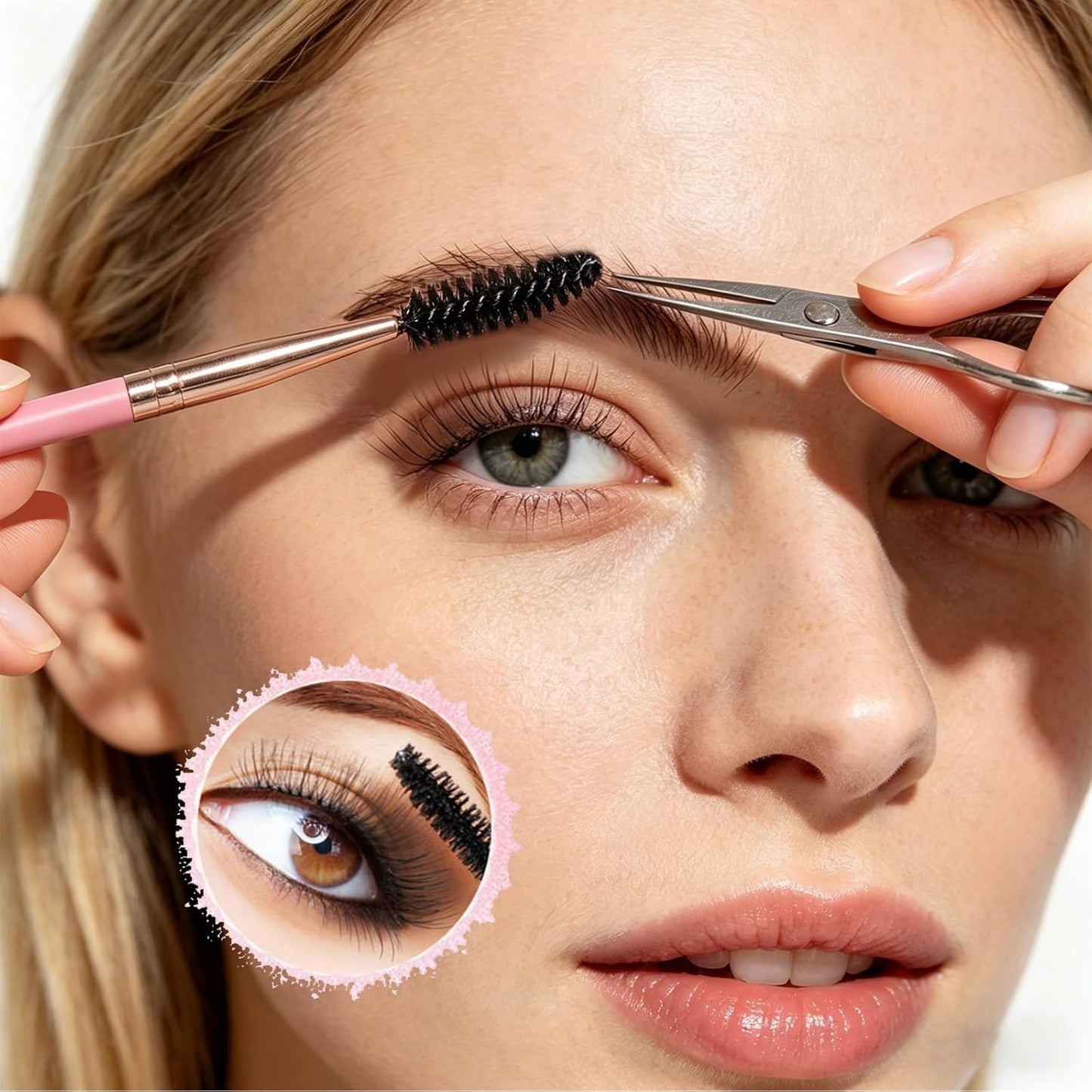 3 Head Eyebrow Eyelash Shaper - Double Head Spoolie Brushes for Grooming & Separating Lashes | Pink