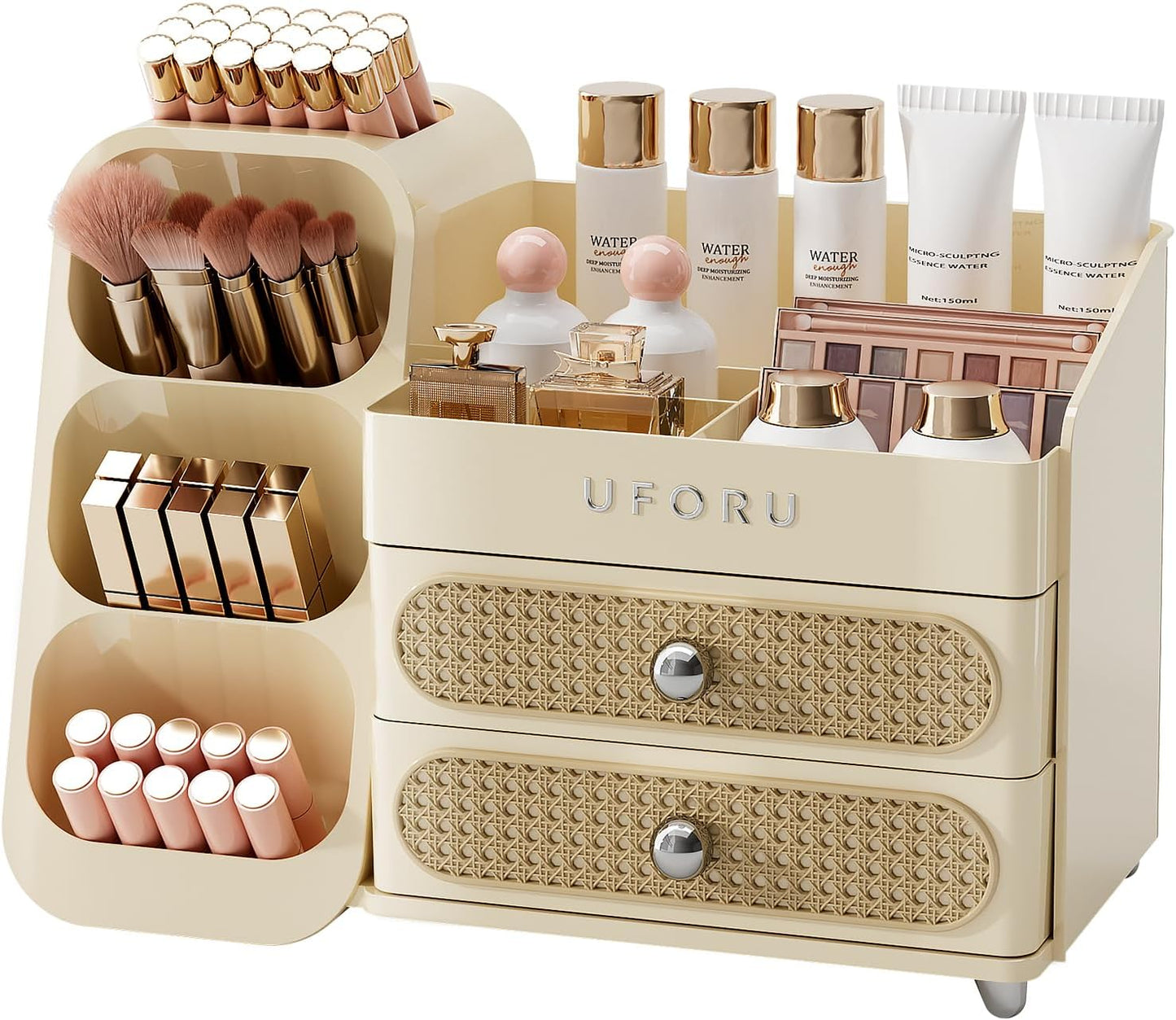 Makeup Organizer for Vanity - Large Capacity Skincare & Cosmetic Display Case with 2 Drawers | Brush Holder & Perfume Storage