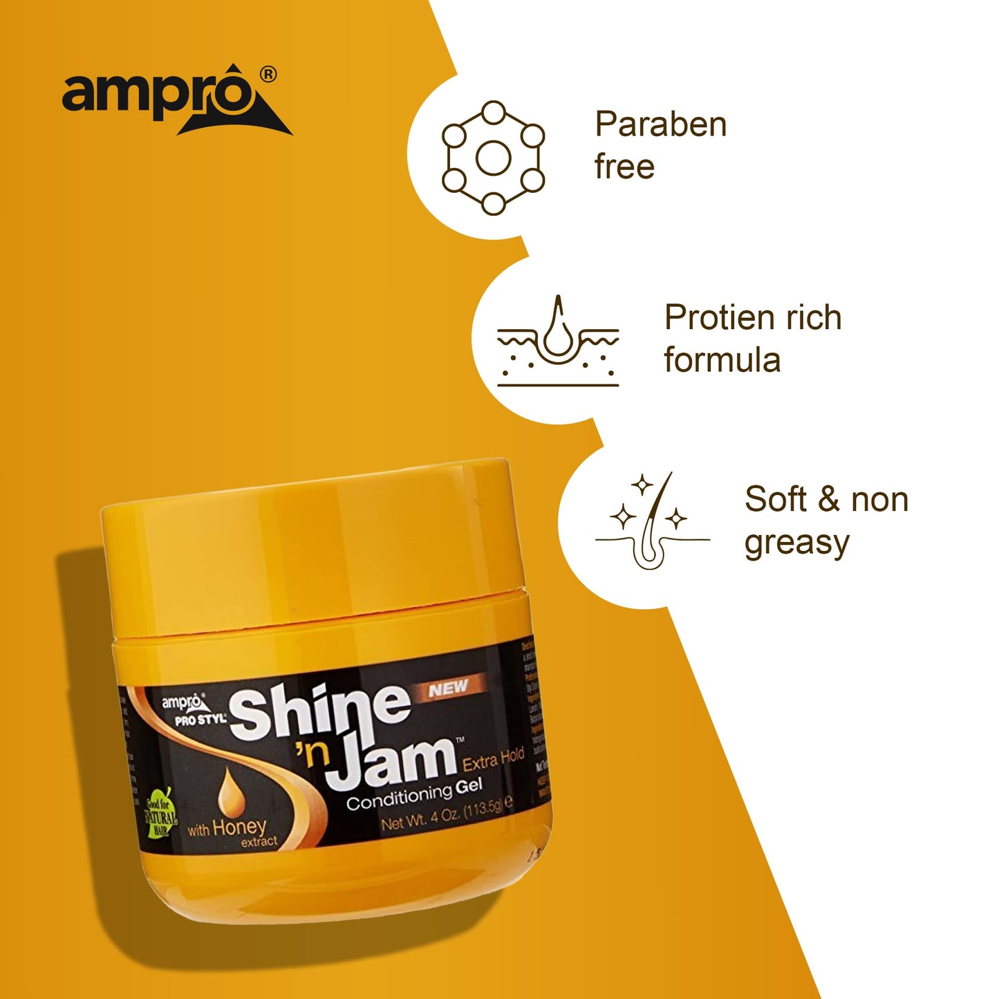 Ampro Shine-n-Jam Maximum Hold - Infused with Honey Extract to Strengthen Hair - Great for Taming Fringe, Ponytails, Soft Weaves, and Braids - Keeps Tresses Firm with Non-Greasy Shine - 4 oz