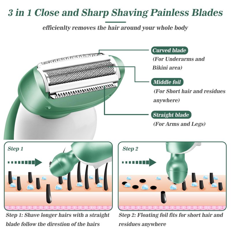 Akunbem Electric Razor for Women for Legs Bikini Trimmer Electric Shaver for Women Underarm Public Hairs Rechargeable Womens Shaver with Detachable Head Wet Dry Use Painless Cordless (Green)
