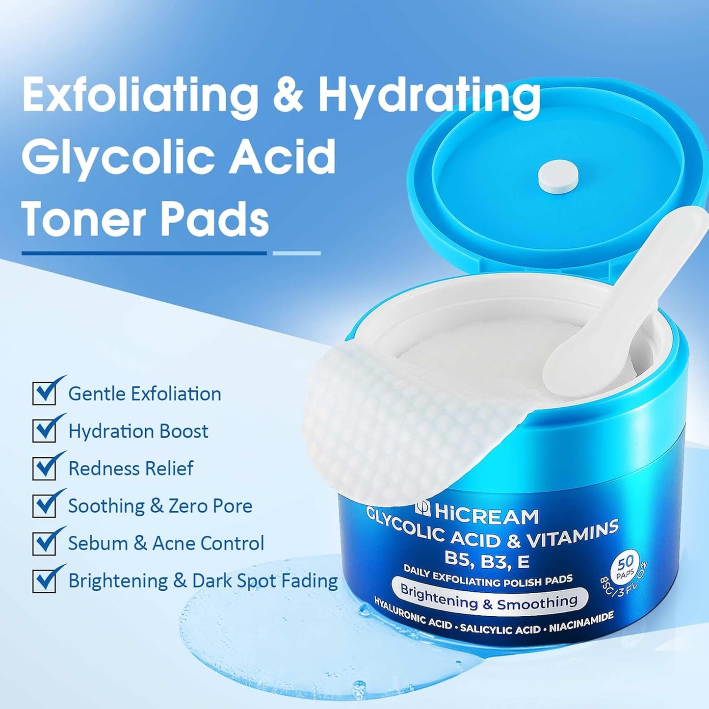 Glycolic Acid Exfoliating Pads - Dual-Textured Toner for Pore Care & Skin Radiance | 50 Pads with Niacinamide & Salicylic Acid