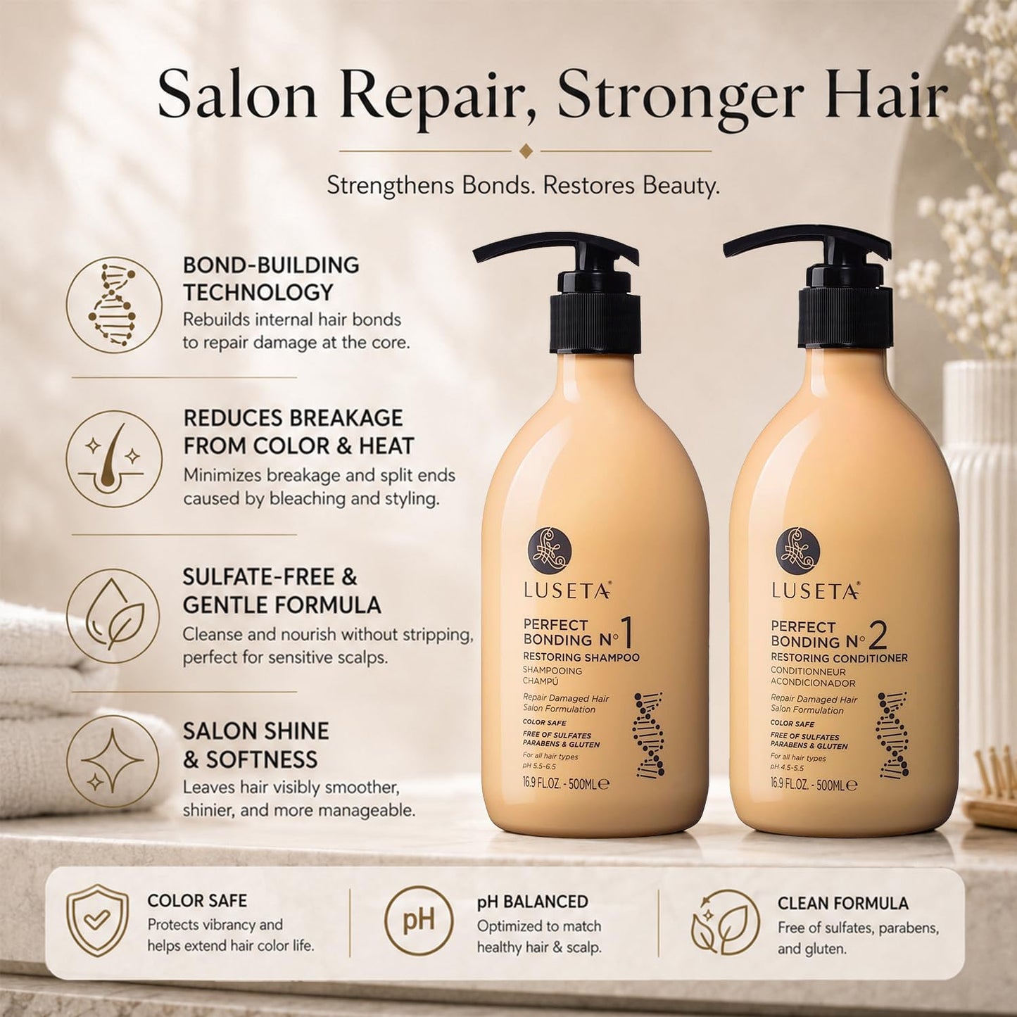 Bond Repair Shampoo & Conditioner Set for Chemically Damaged Hair - Deep Moisture & Shine | 2x16.9 oz
