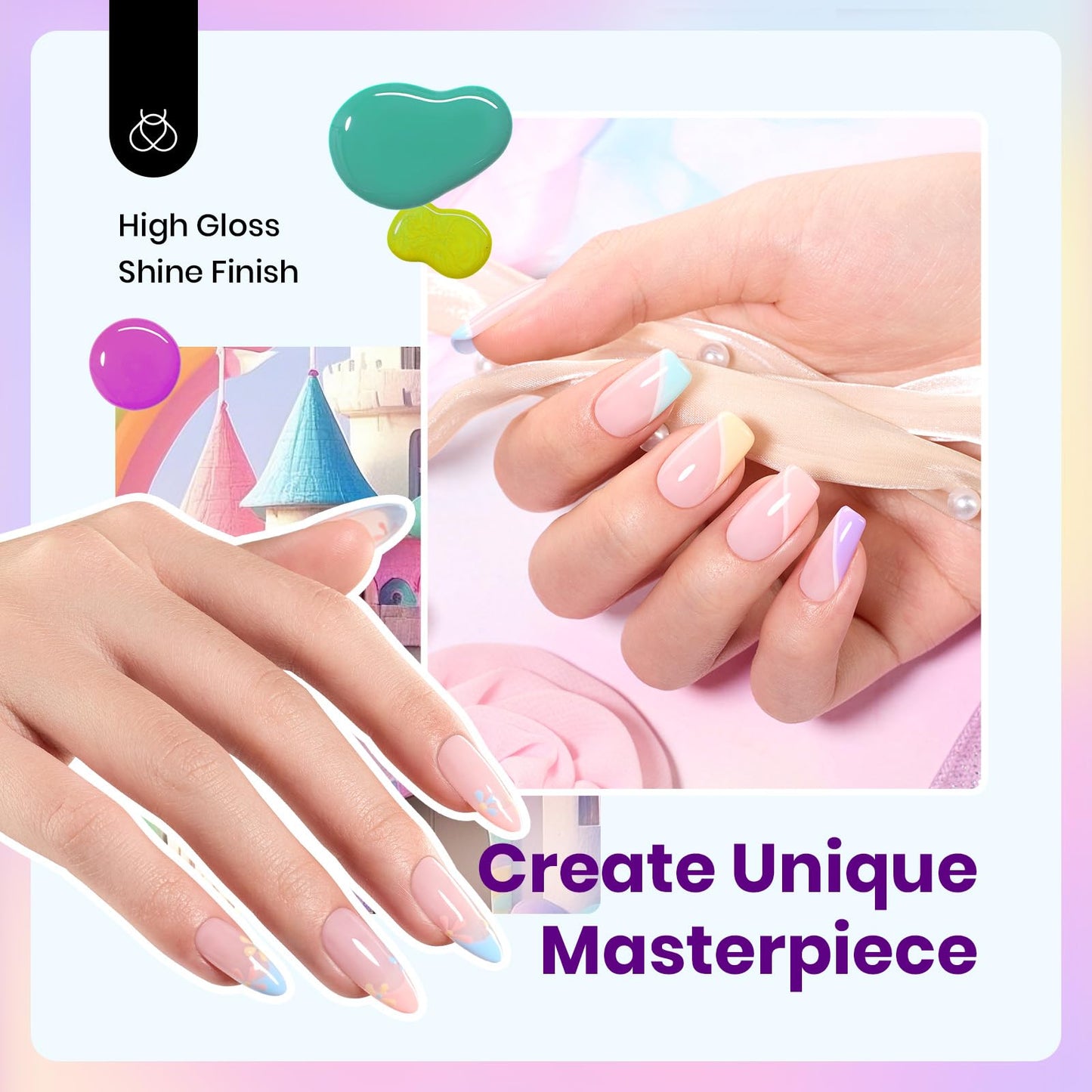 Beetles Pastel Gel Polish - Fairy Tale Dream 6 Colors Hema-Free Gel Polish Set, 15ML Pastel Yellow Pink Blue Purple Nail Colors, with Colorful Bottle Soak off Uv Led Lamp Nails