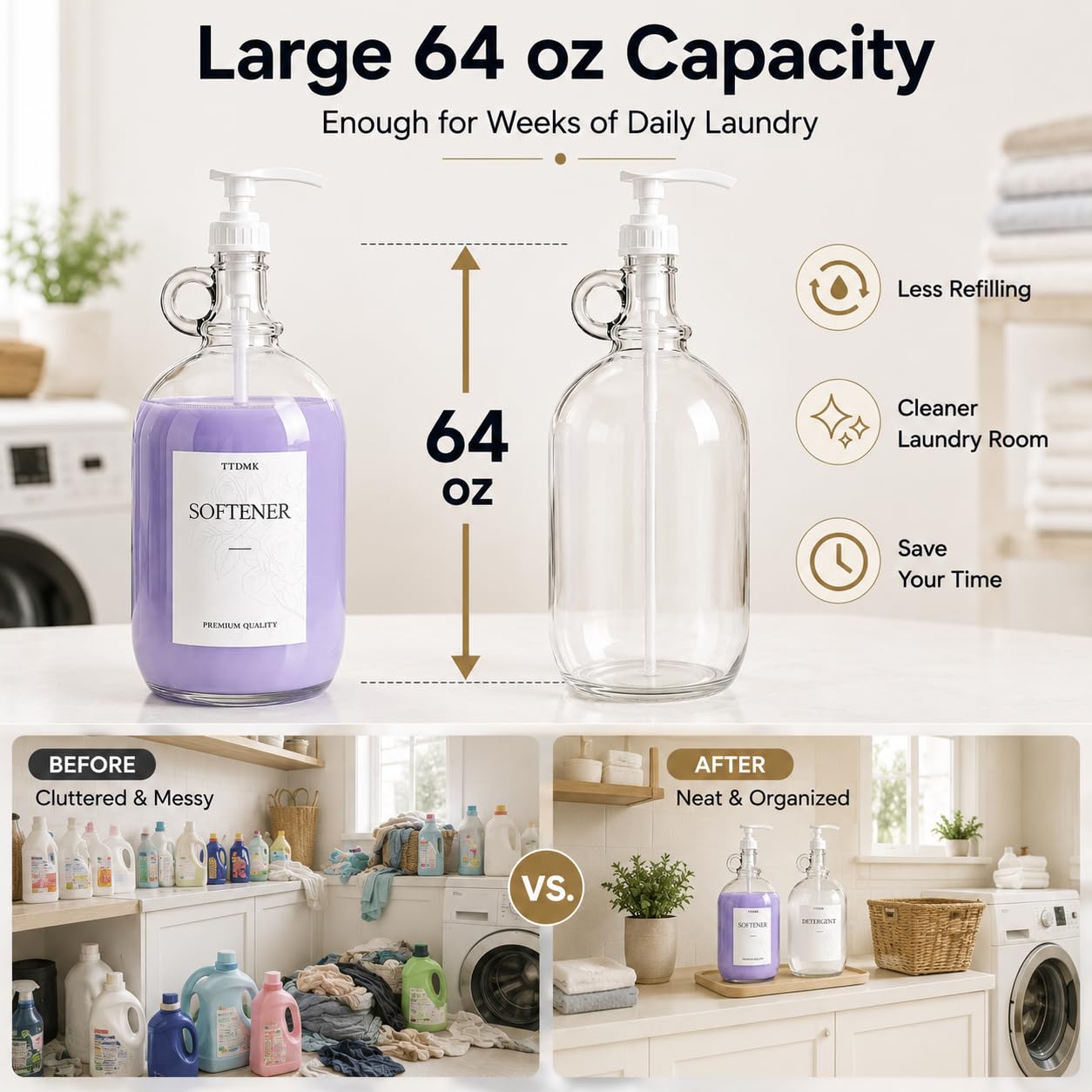 2 Pack Glass Laundry Detergent Dispensers, 64 oz Half Gallon Bottles