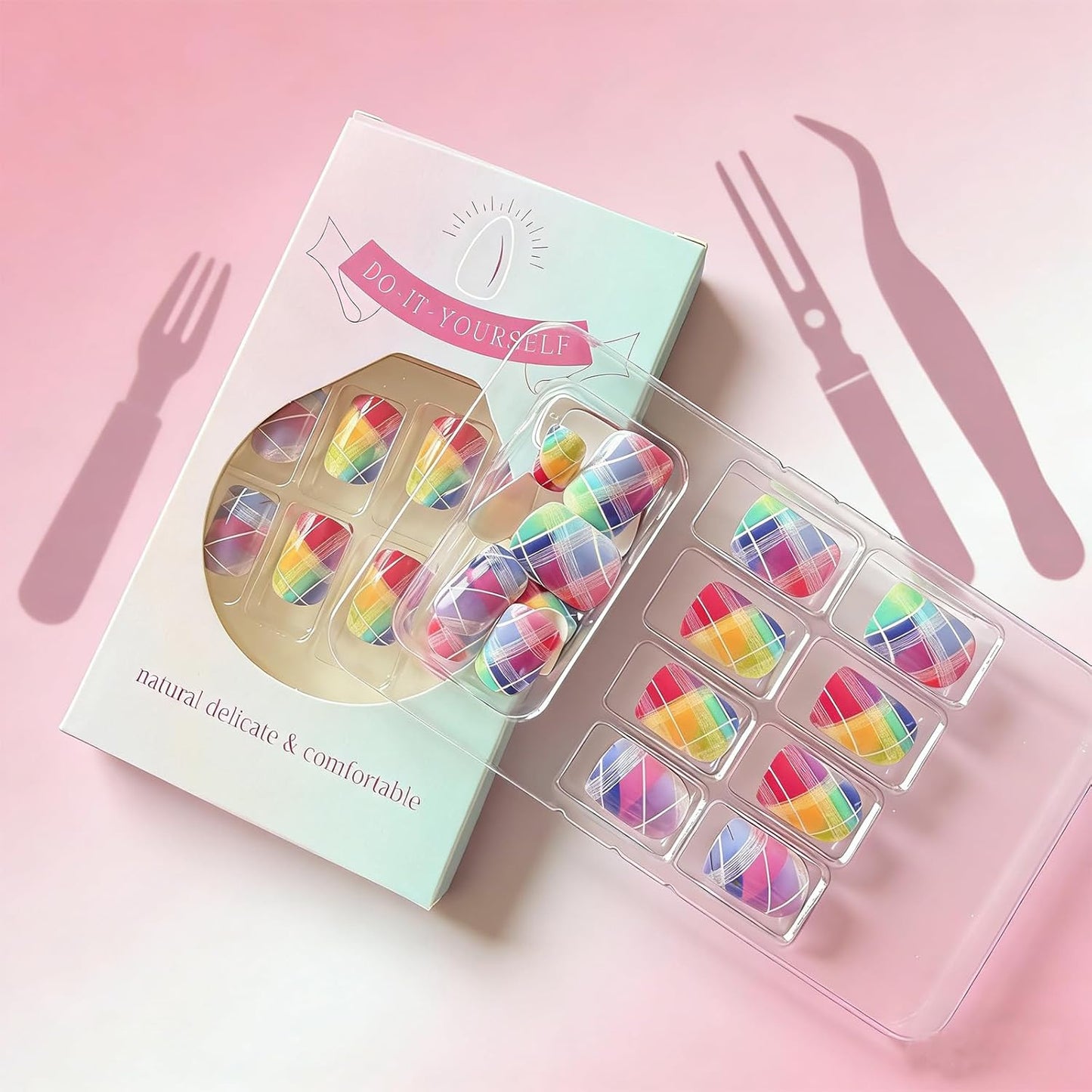 Rainbow Checkered Press-On Nails - Short Square Gradient Fake Nails | 24 Pcs Glossy Reusable Nail Art for Women