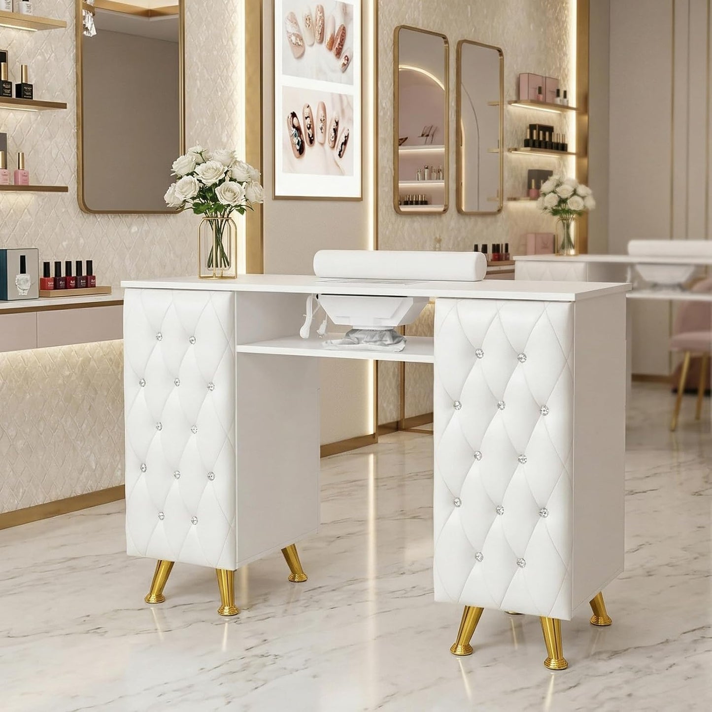 OmySalon Manicure Table - Nail Desk with Dust Collector & Storage | Acetone Resistant, White