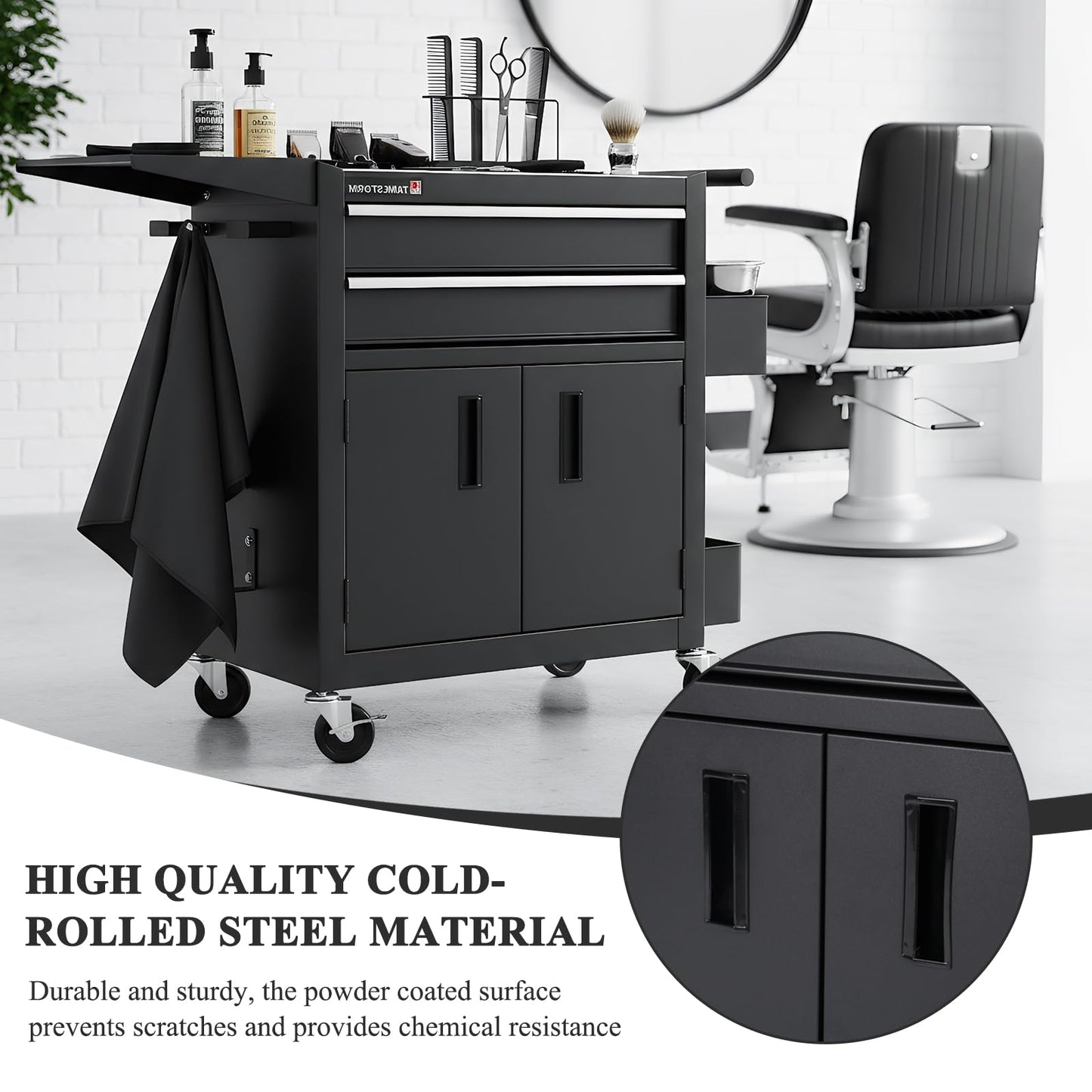 Professional Mobile Rolling Hair Stylist & Tattoo Station Black Steel