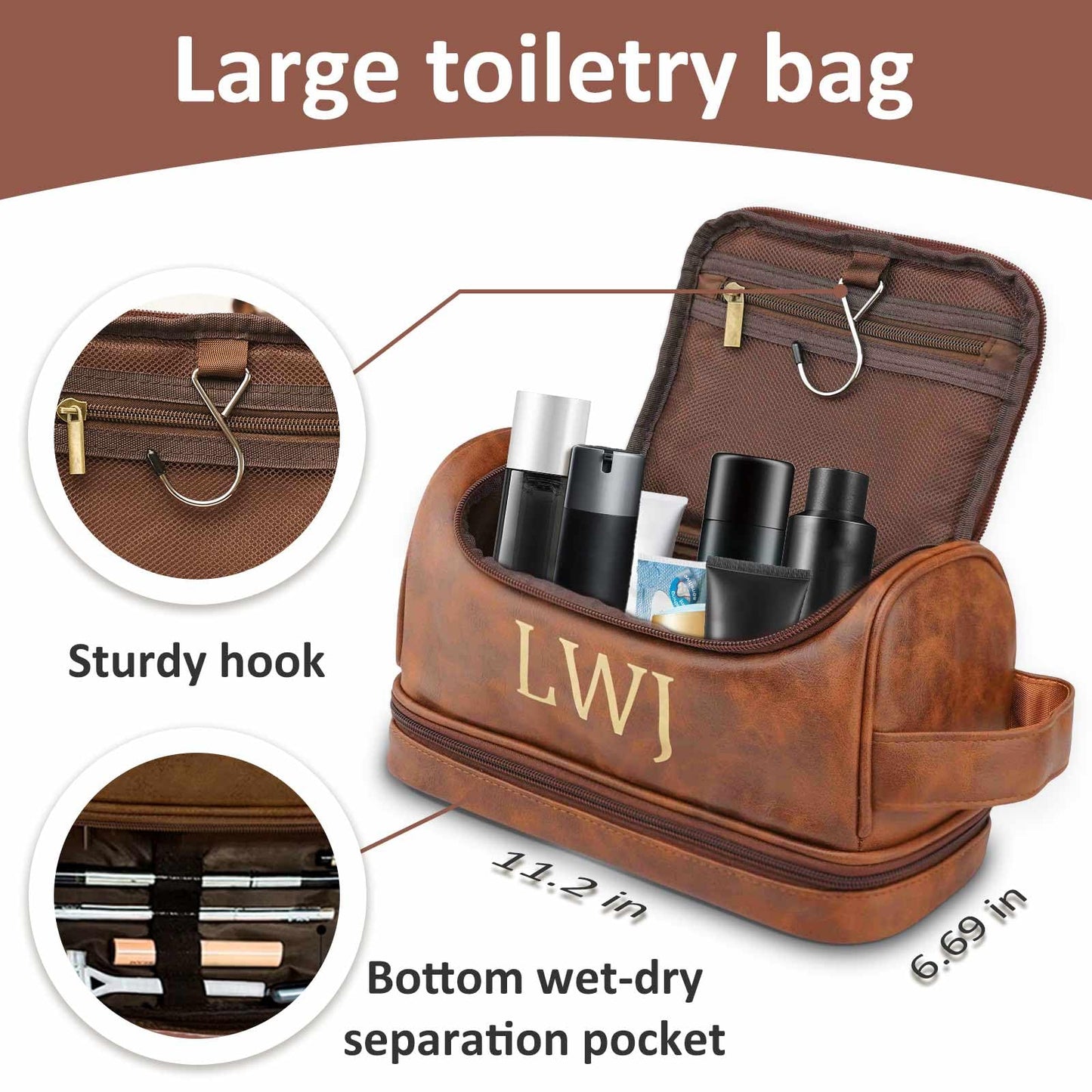 Sparklove Personalized Toiletry Bag for Men Gifts, Father Day Gifts Custom Leather Shaving Bag, Engraved Travel Bag, Birthday Present for Dad Husband Groomsmen Son Wedding Anniversay