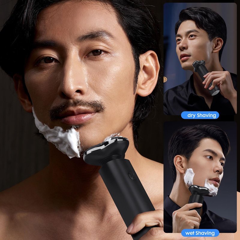 Black Electric Razor for Men with 3-Blade Rotary System, Touch Switch, LED Display, Travel Lock