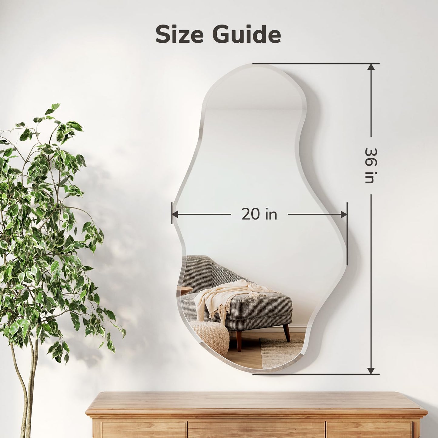 USHOWER Irregular Mirror 20x36 Inch, Frameless Asymmetrical Mirror