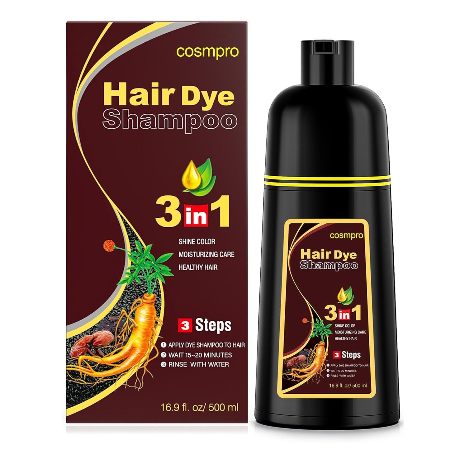 Dark Brown Hair Dye Shampoo - 3-in-1 Gray Coverage for Women | Semi-Permanent 500ML