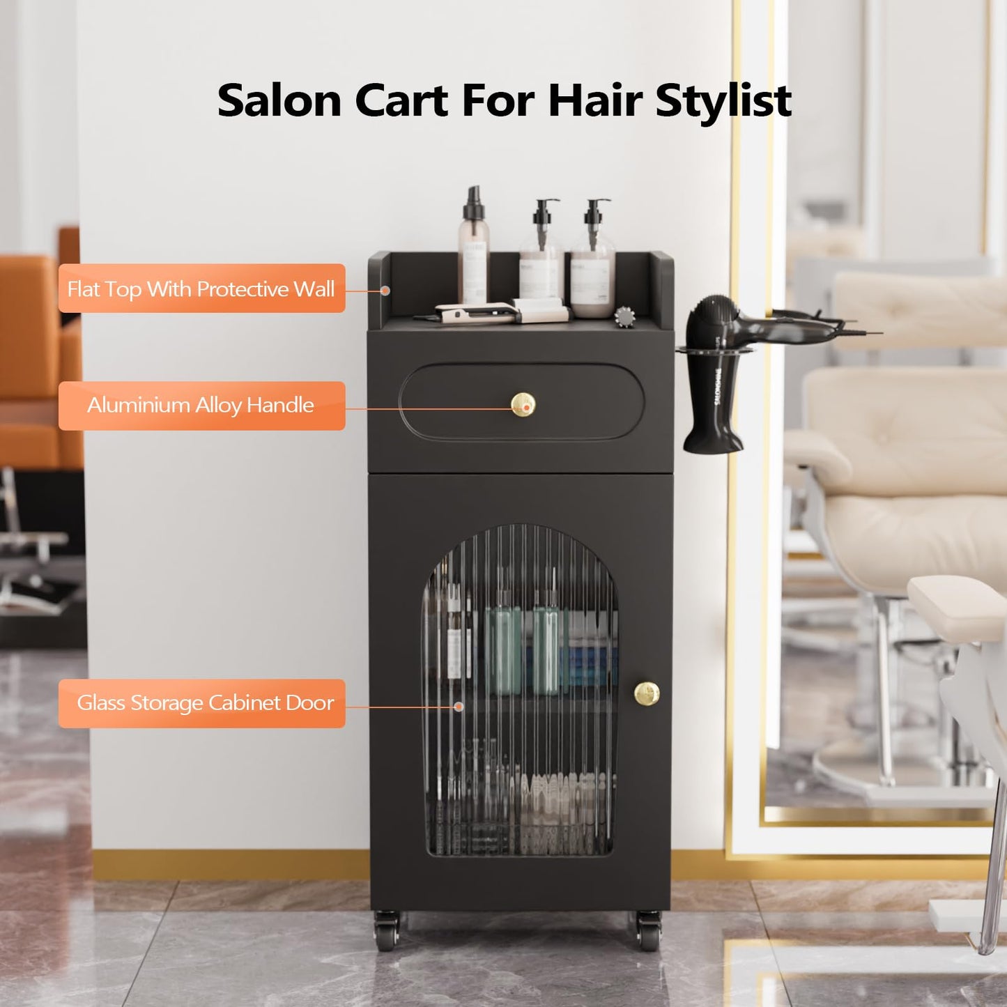Salon Cart with Wheels & Adjustable Shelf, Black 3-Tier Rolling Beauty Trolley for Hair Stylist, Barber, Esthetician, Storage Cabinet w/Glass Door & Hair Dryer Holder, Mobile Station for Spa, Tattoo