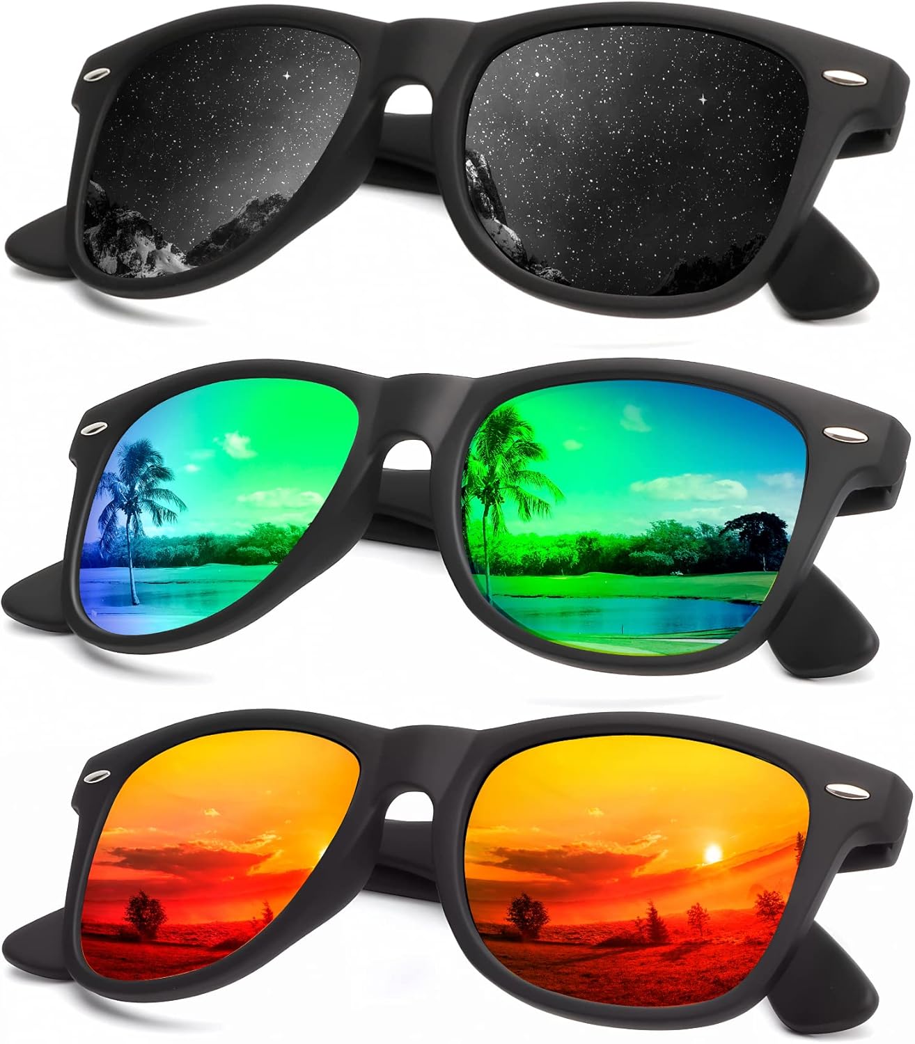 KALIYADI Polarized Sunglasses - Matte Finish, UV Blocking, Color Mirror Lenses | 3-Pack for Men & Women