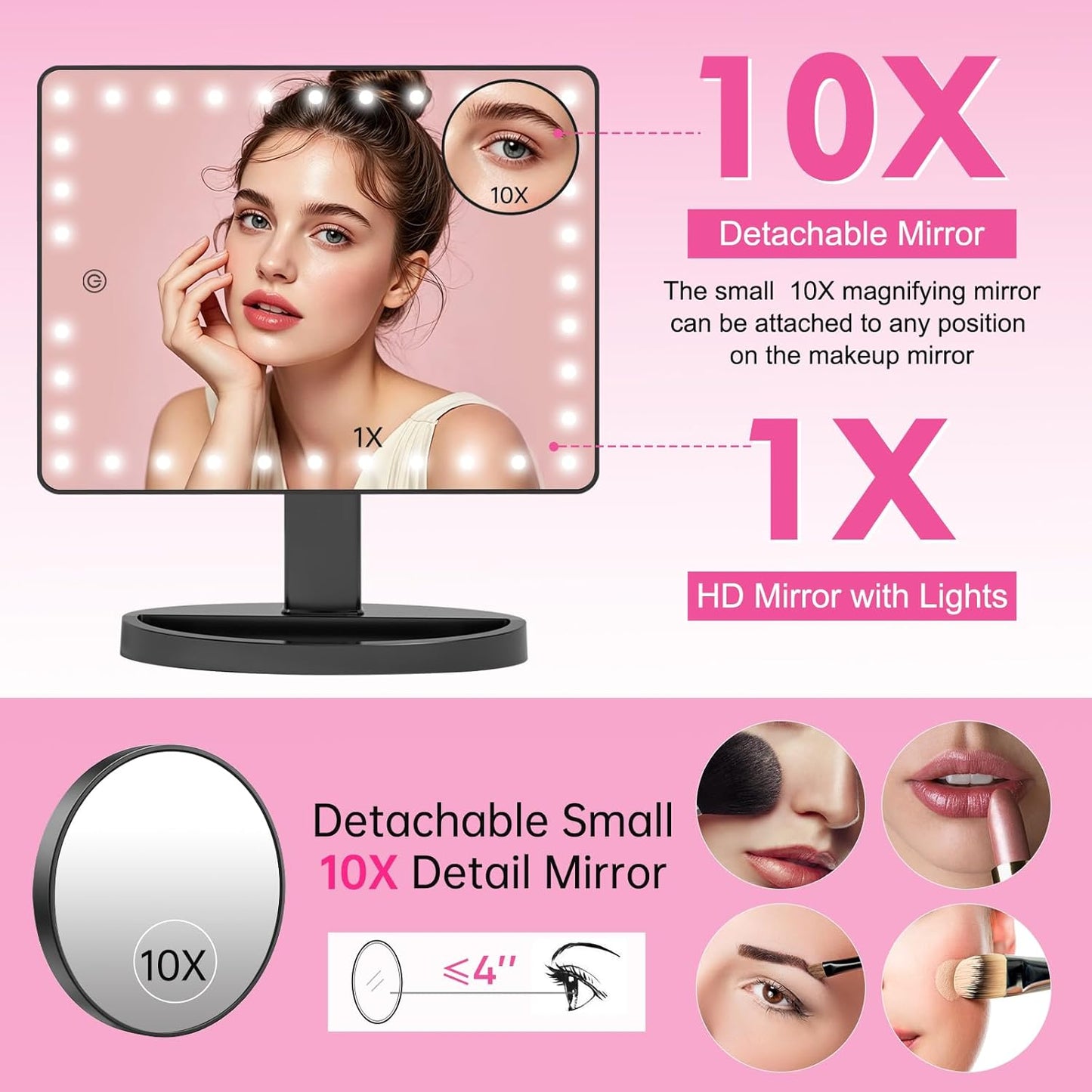 Large Lighted Makeup Mirror - 10x Magnification, 360° Rotation | Adjustable Brightness for Desk Use