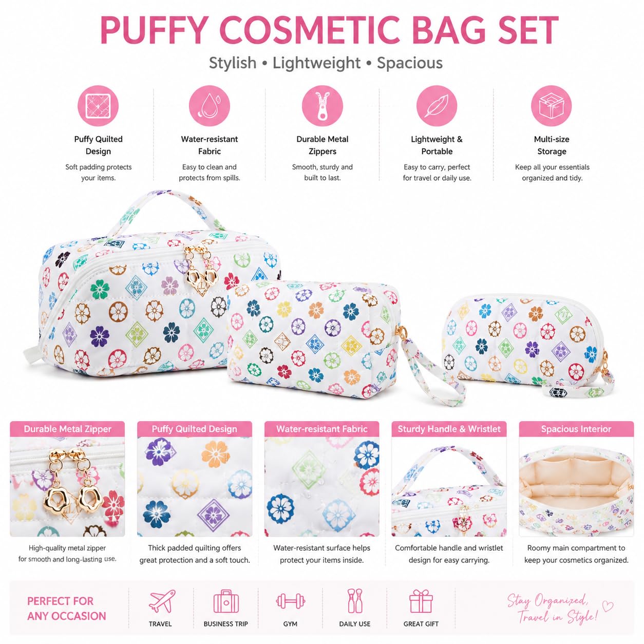 YTL Travel Makeup Bag, Puffer Cosmetic Bag for Women, Waterproof Puffy Padded Make Up Bags, Flat Open Portable Organizer Case Toiletry Bag Pouch Purse for Skincare, Brushes & Travel Essentials