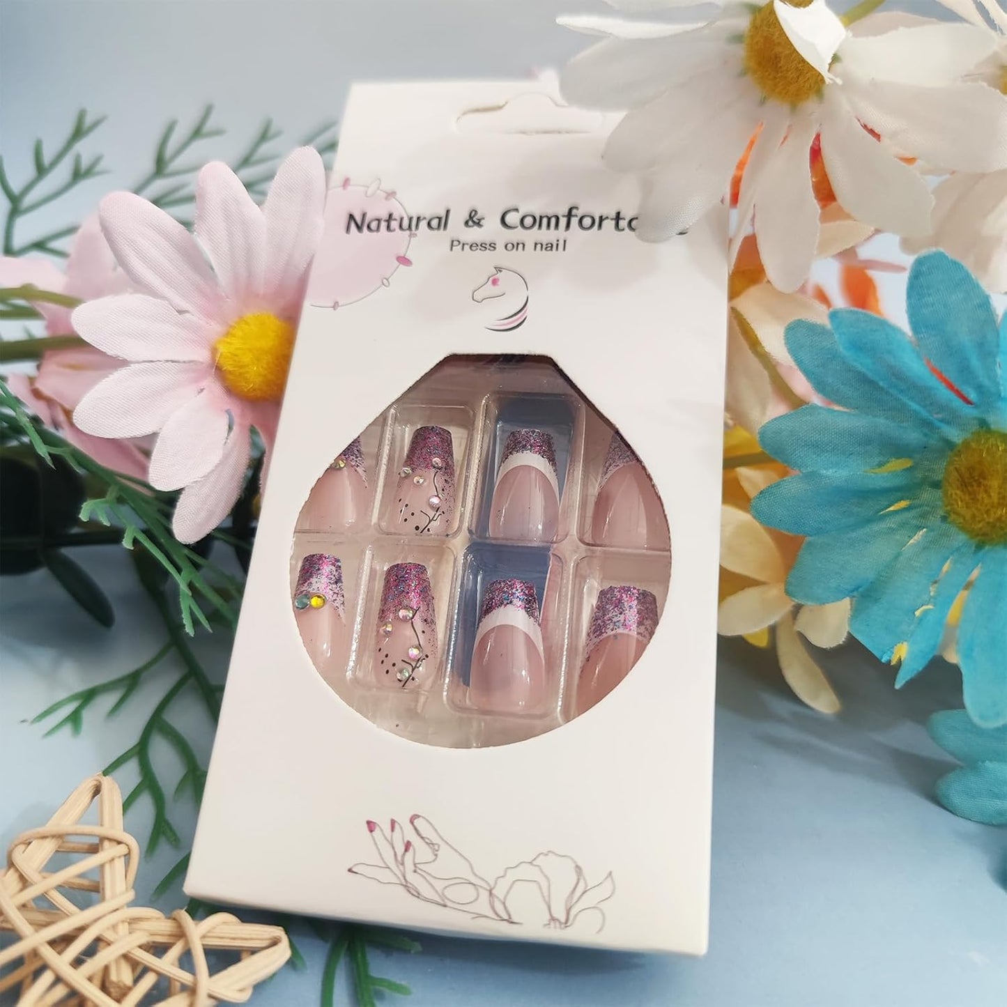 Glossy Purple Glitter French Tip Press-On Nails - Medium Coffin Shape with Rhinestones | 24 Pcs Full Cover Acrylic Set