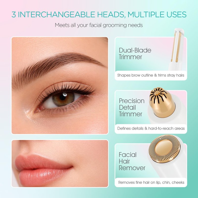 VOGOE Eyebrow Trimmer for Women, 3-in-1 Electric Eyebrow Razor & Facial Hair Remover, Painless Rechargeable & Portable for Brows, Peach Fuzz, Lips and Chin (White)