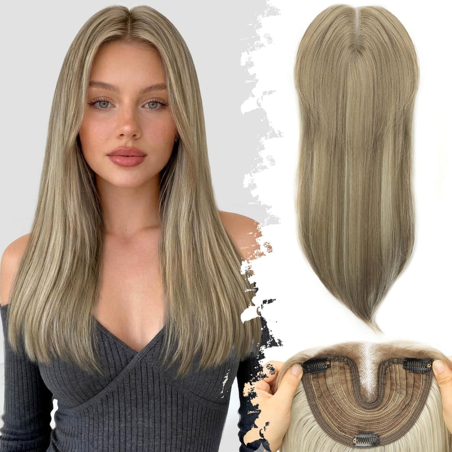 Ash Blonde Synthetic Hair Toppers with Platinum Highlights - 18" Long, 5x6" Base for Thinning Hair, Clip-In Wispy Bangs
