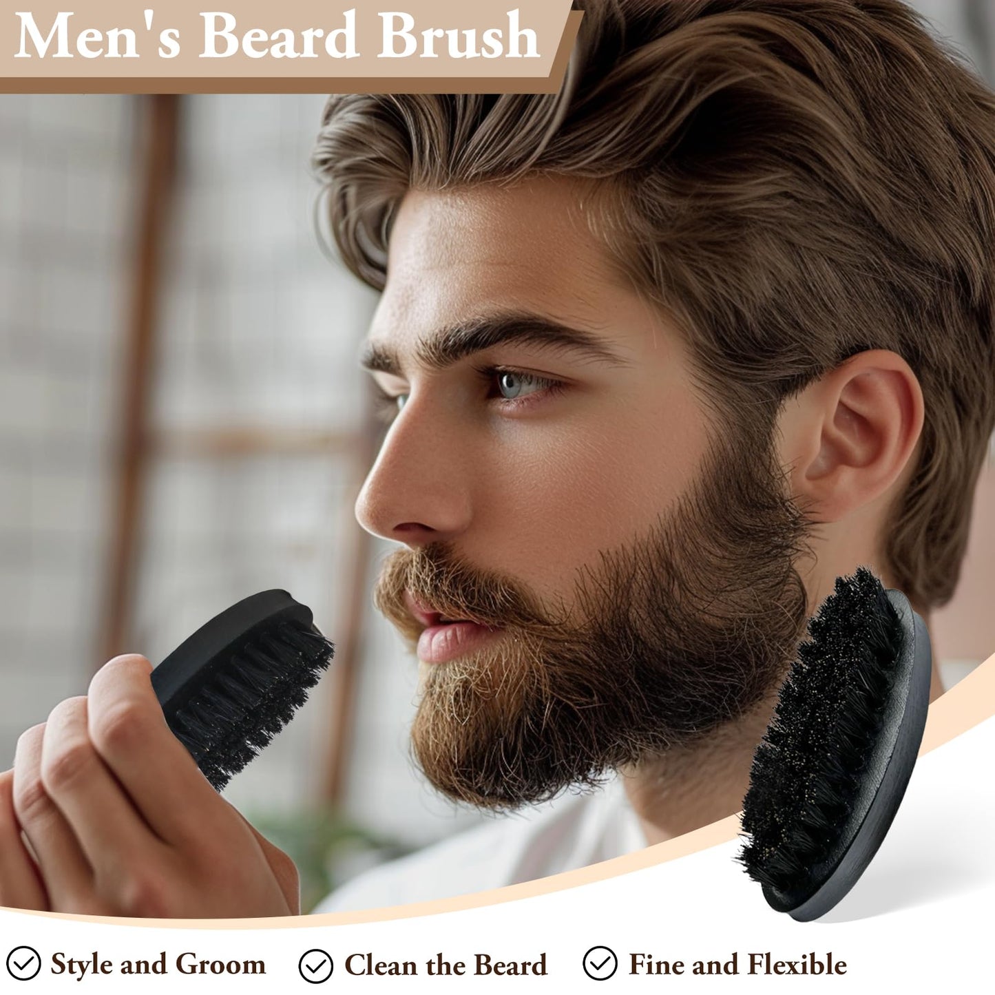 Men's Solid Wood Beard Brush, Boar Bristle Mustache Brush for Men, Military Style