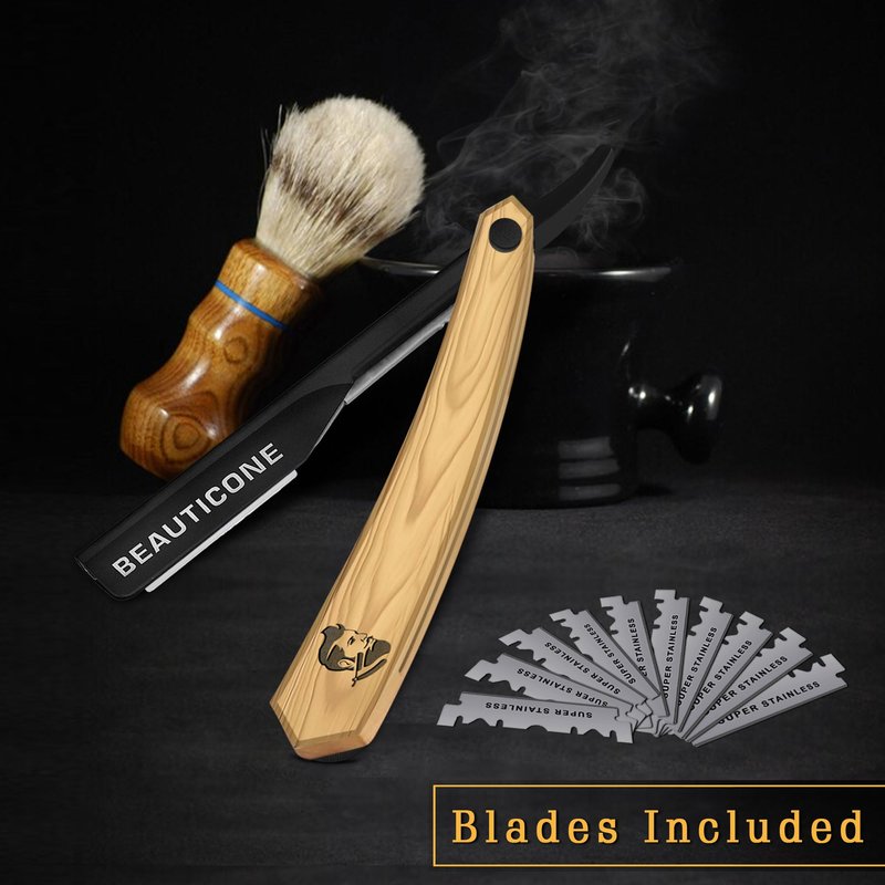BEAUTICONE Straight Razors for Men, Professional Barber Razors, Premium Straight Edge Razor, Shaving Knife, Shavette, Stainless Steel, Wooden Handle, With PU Leather Case