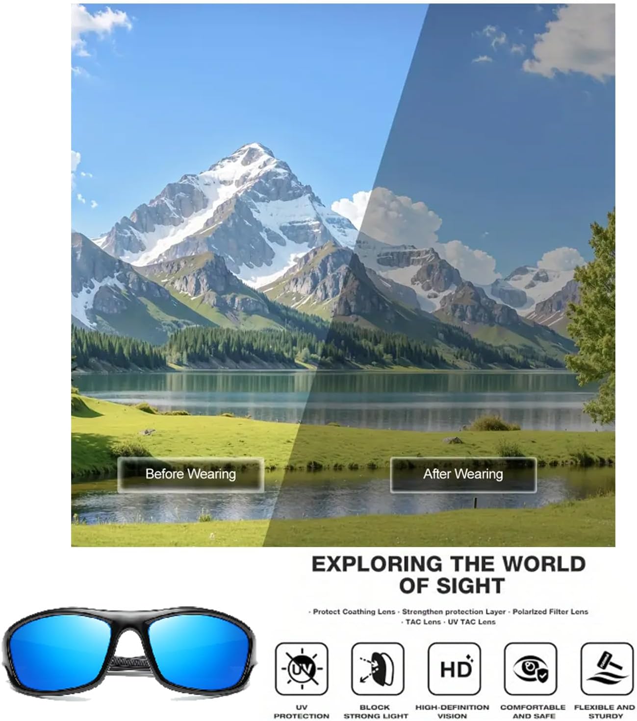 Polarized Sports Sunglasses - Dark Blue UV400 Protection for Fishing, Cycling & Hiking | Wrap Around Design