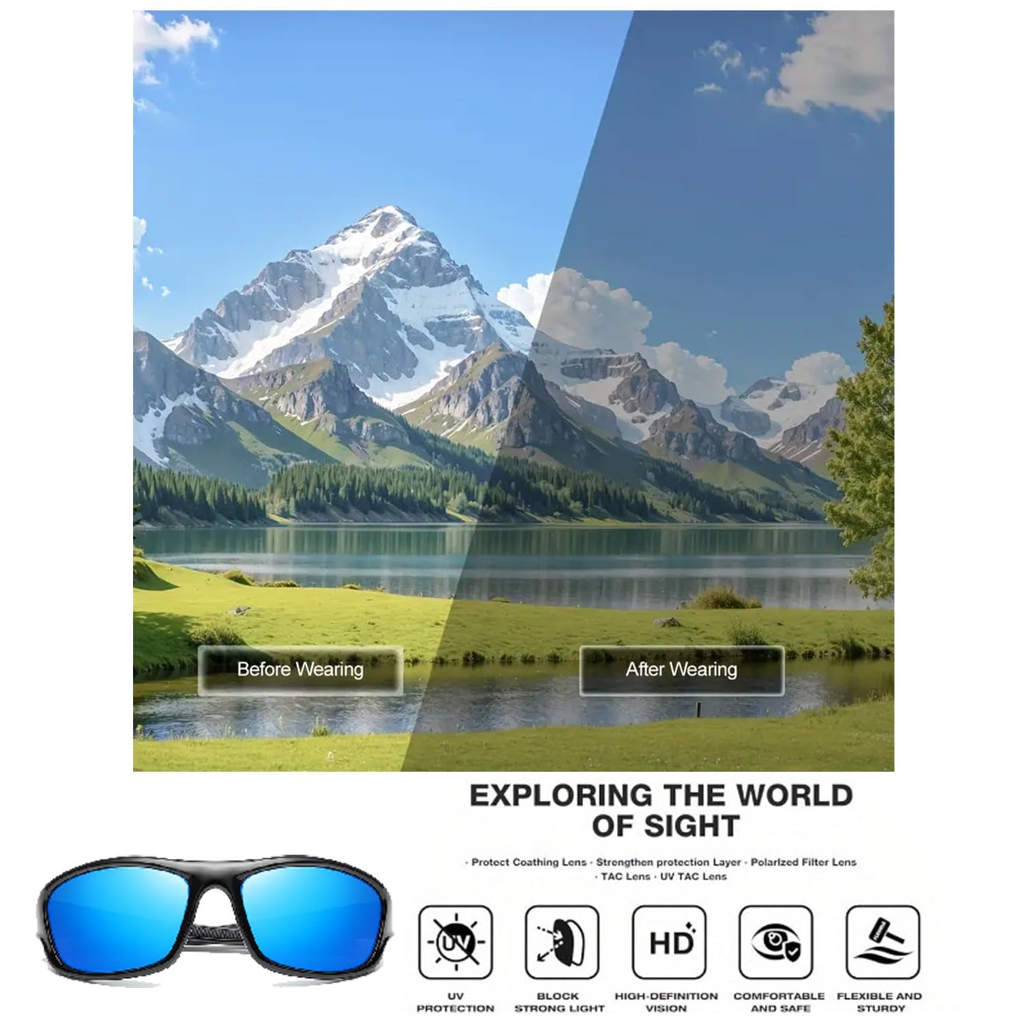 Polarized Sports Sunglasses for Men, Dark Blue Reflective Sports UV400 Protection Wrap Around Mens Sunglasses for Fishing, Cycling, Hiking, Outdoor Adventures